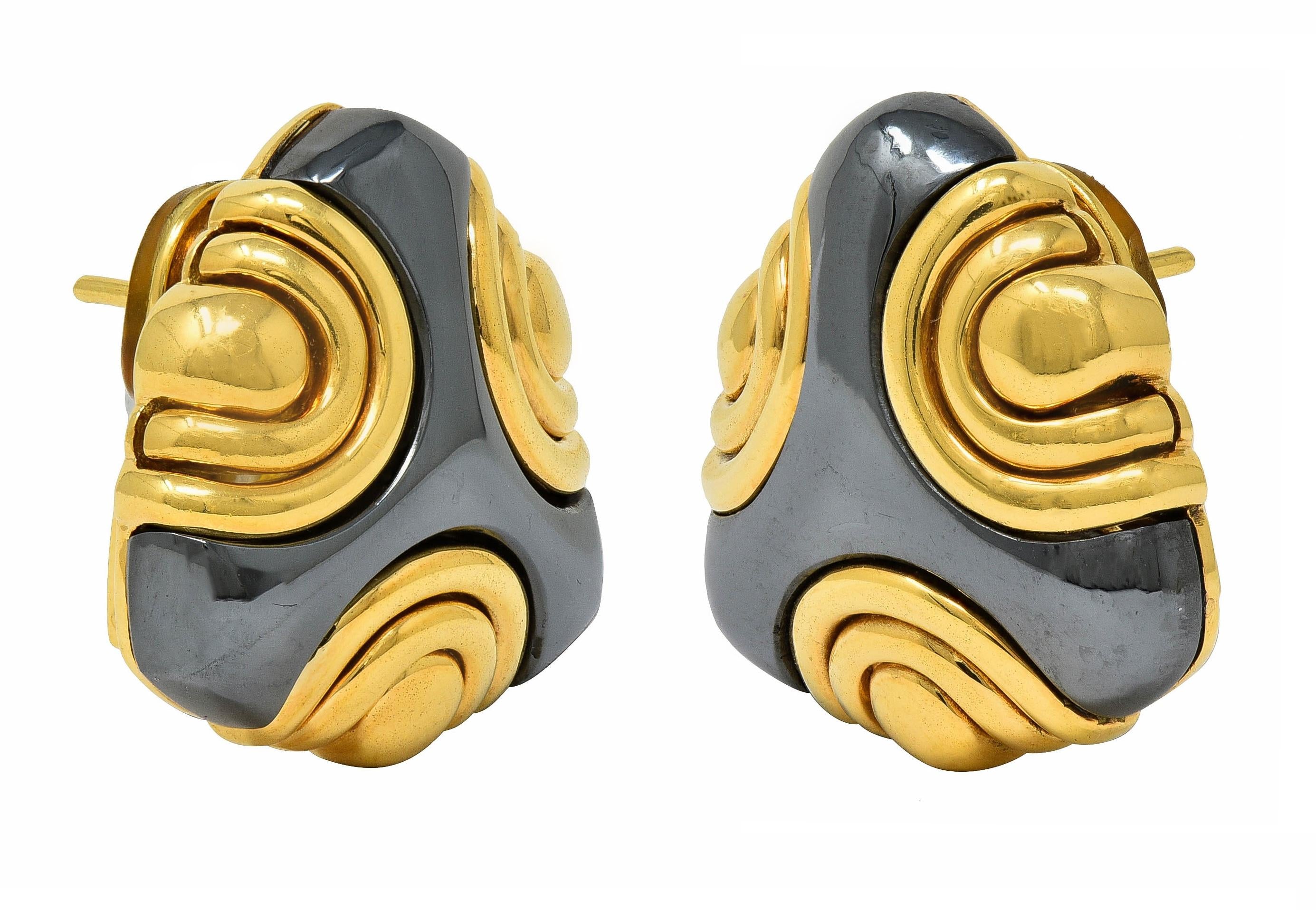 Bulgari 1980's Carved Hematite 18K Gold Geometric Vintage Ear-Clip Earrings