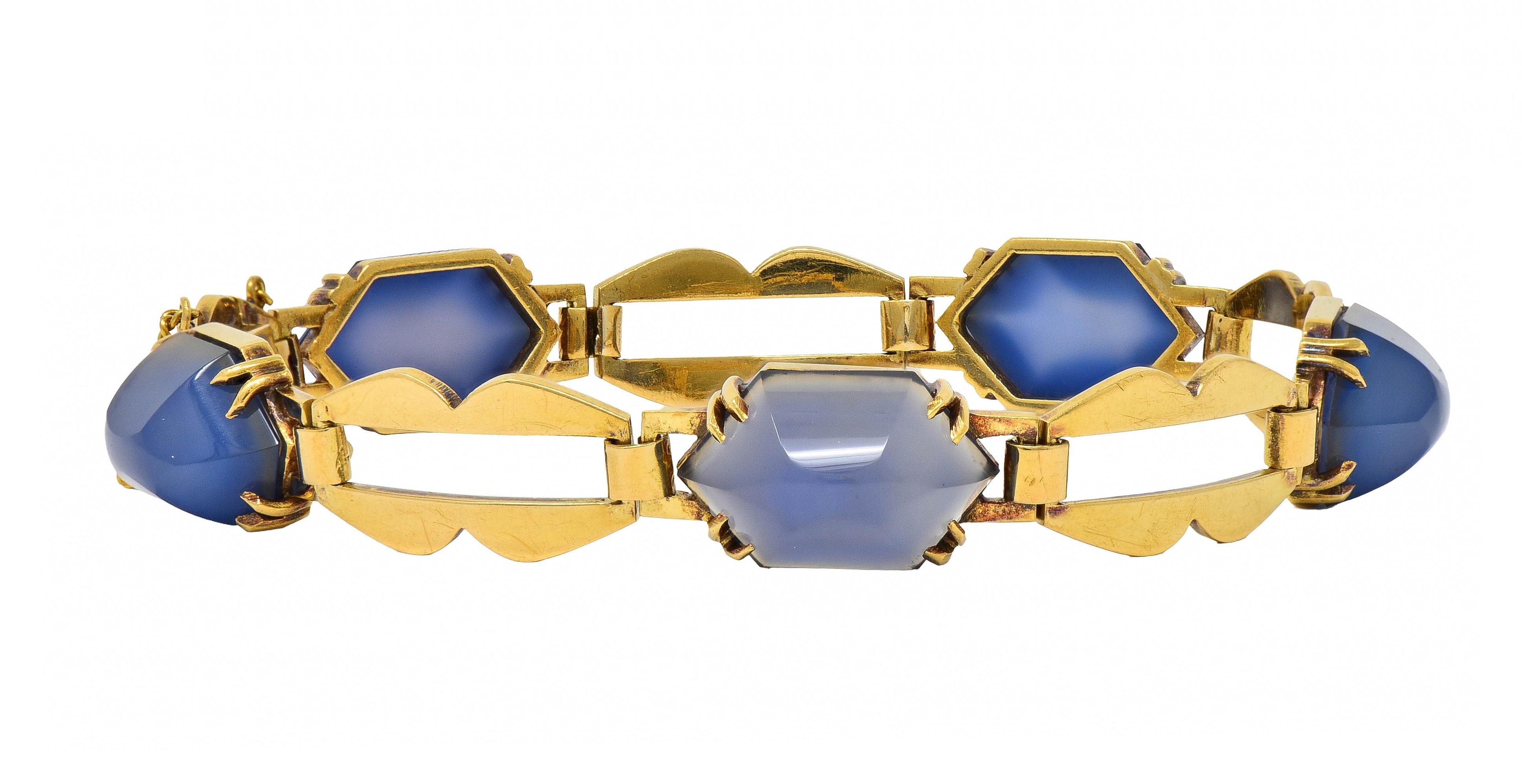 Art Deco French Blue Chalcedony 18 Karat Yellow Gold Antique Link Bracelet