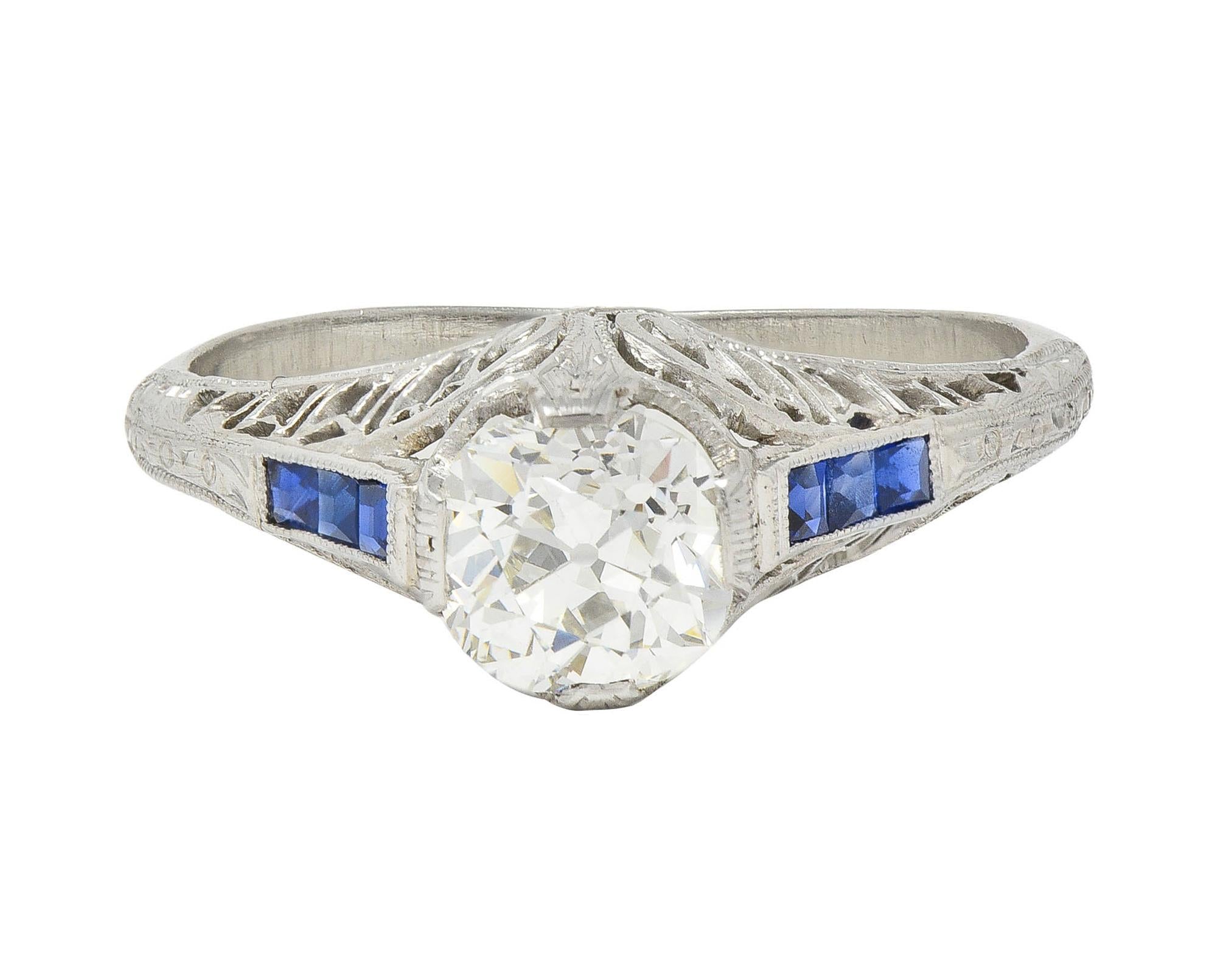 Art Deco 1.52 CTW Old Mine Cut Diamond Sapphire Platinum Vintage Engagement Ring