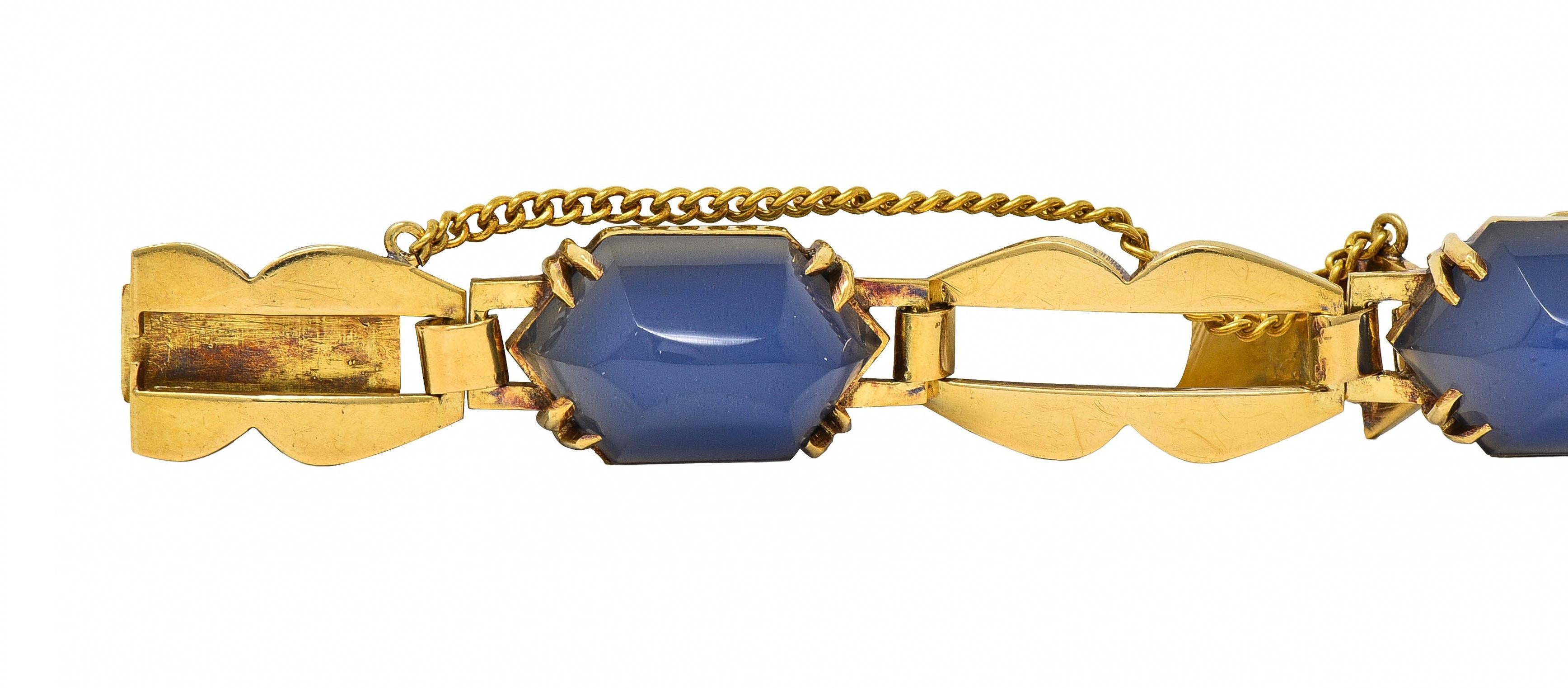 Art Deco French Blue Chalcedony 18 Karat Yellow Gold Antique Link Bracelet