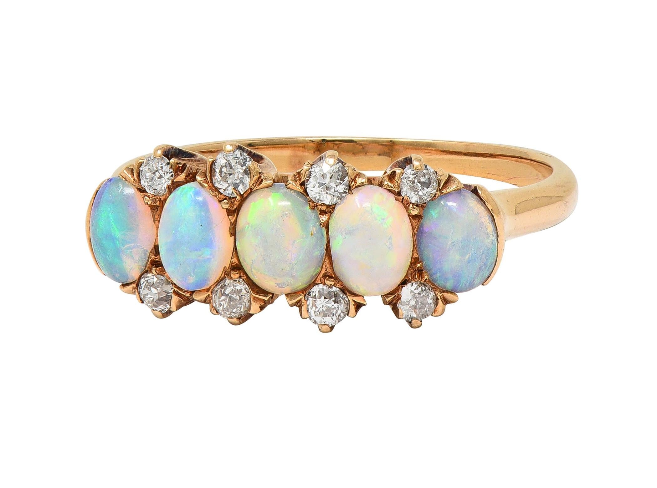 Victorian Opal Diamond 14 Karat Yellow Gold Antique Five Stone Band Ring