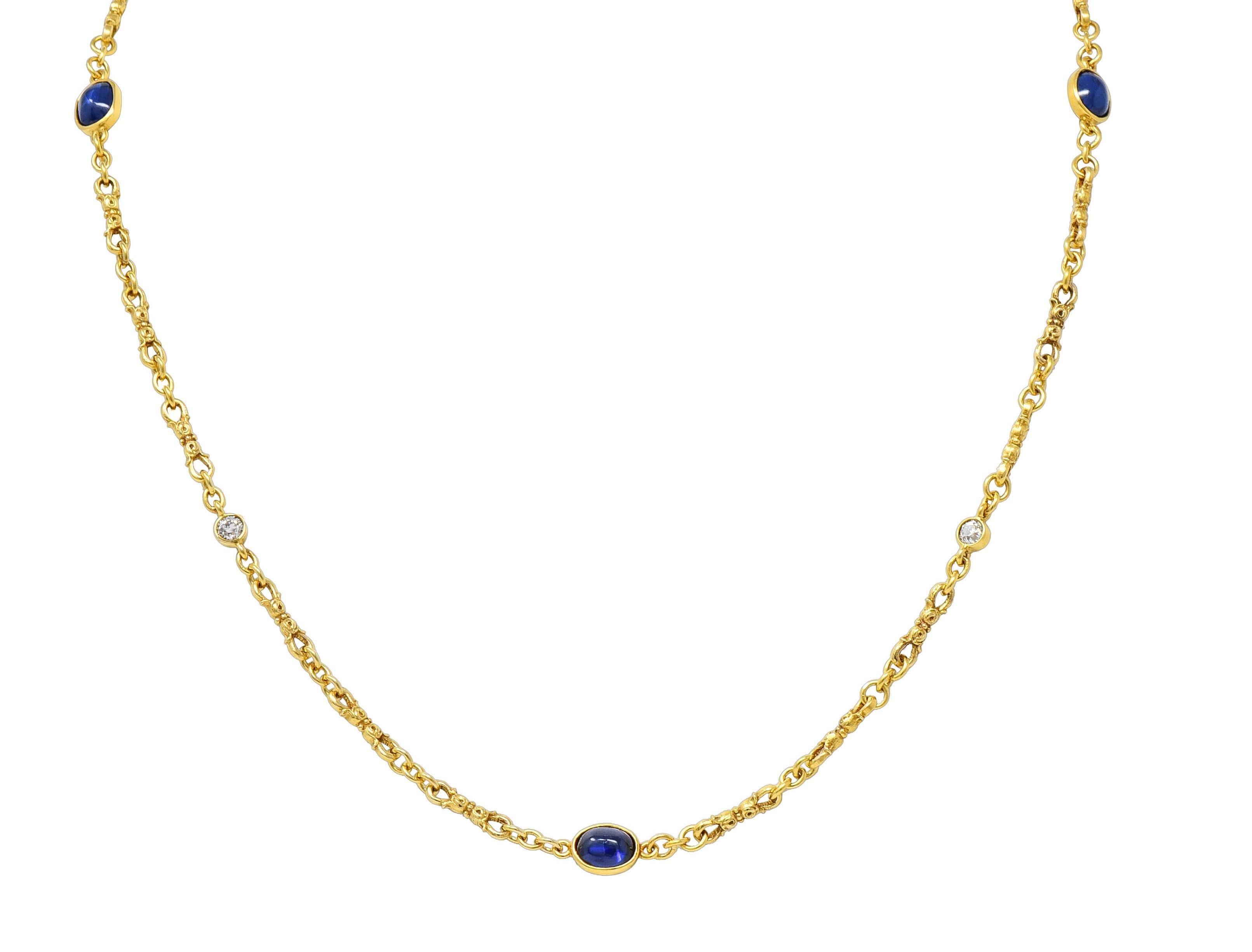 Victorian 3.94 CTW Sapphire Diamond 18 Karat Yellow Gold Link Antique Necklace