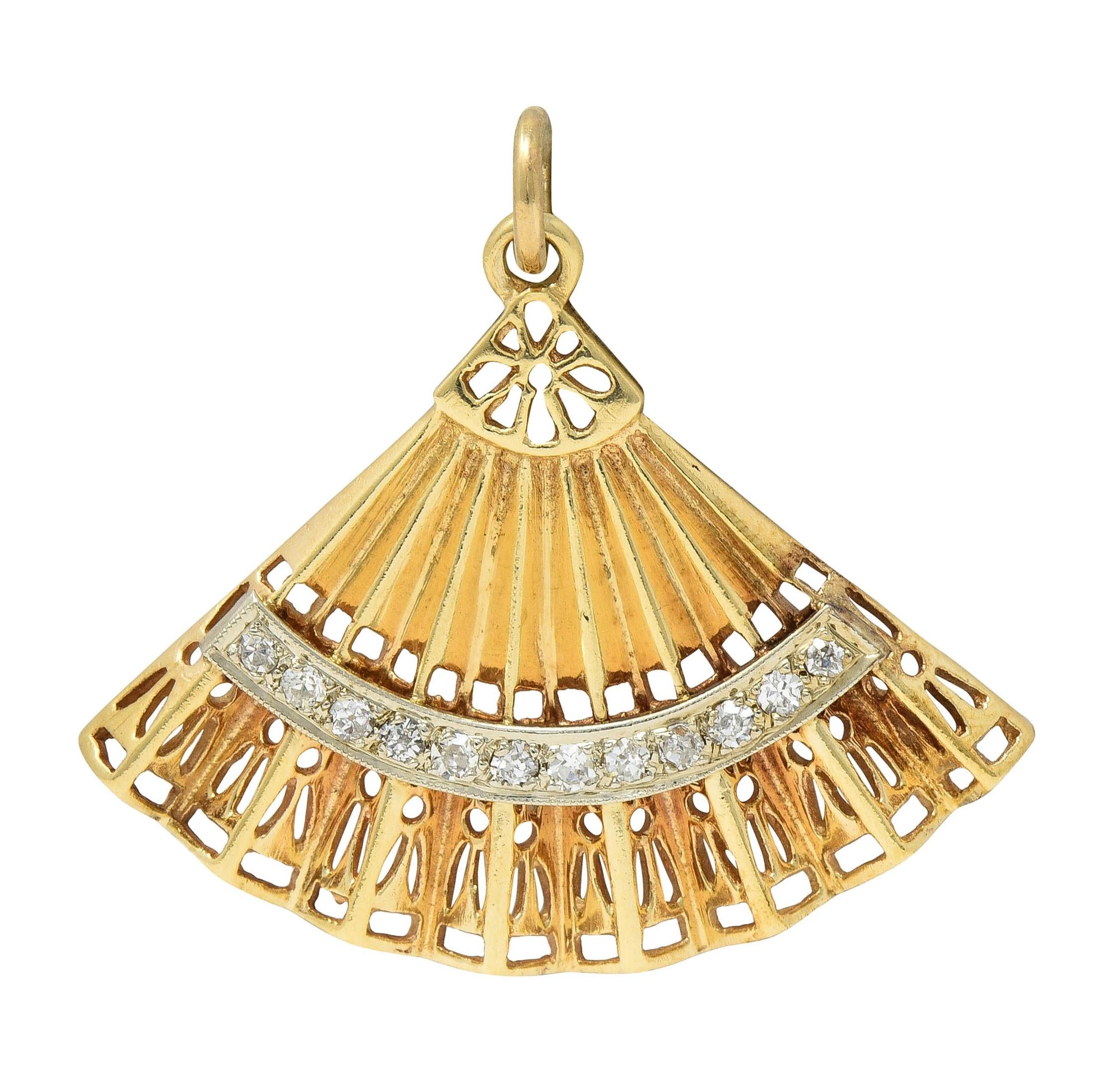 Mid-Century Diamond 14 Karat Two-Tone Gold Vintage Hand Fan Pendant