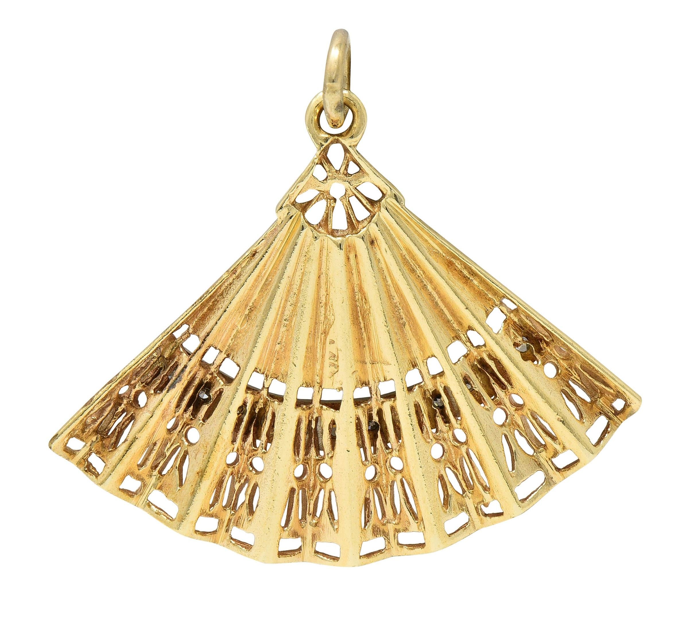 Mid-Century Diamond 14 Karat Two-Tone Gold Vintage Hand Fan Pendant