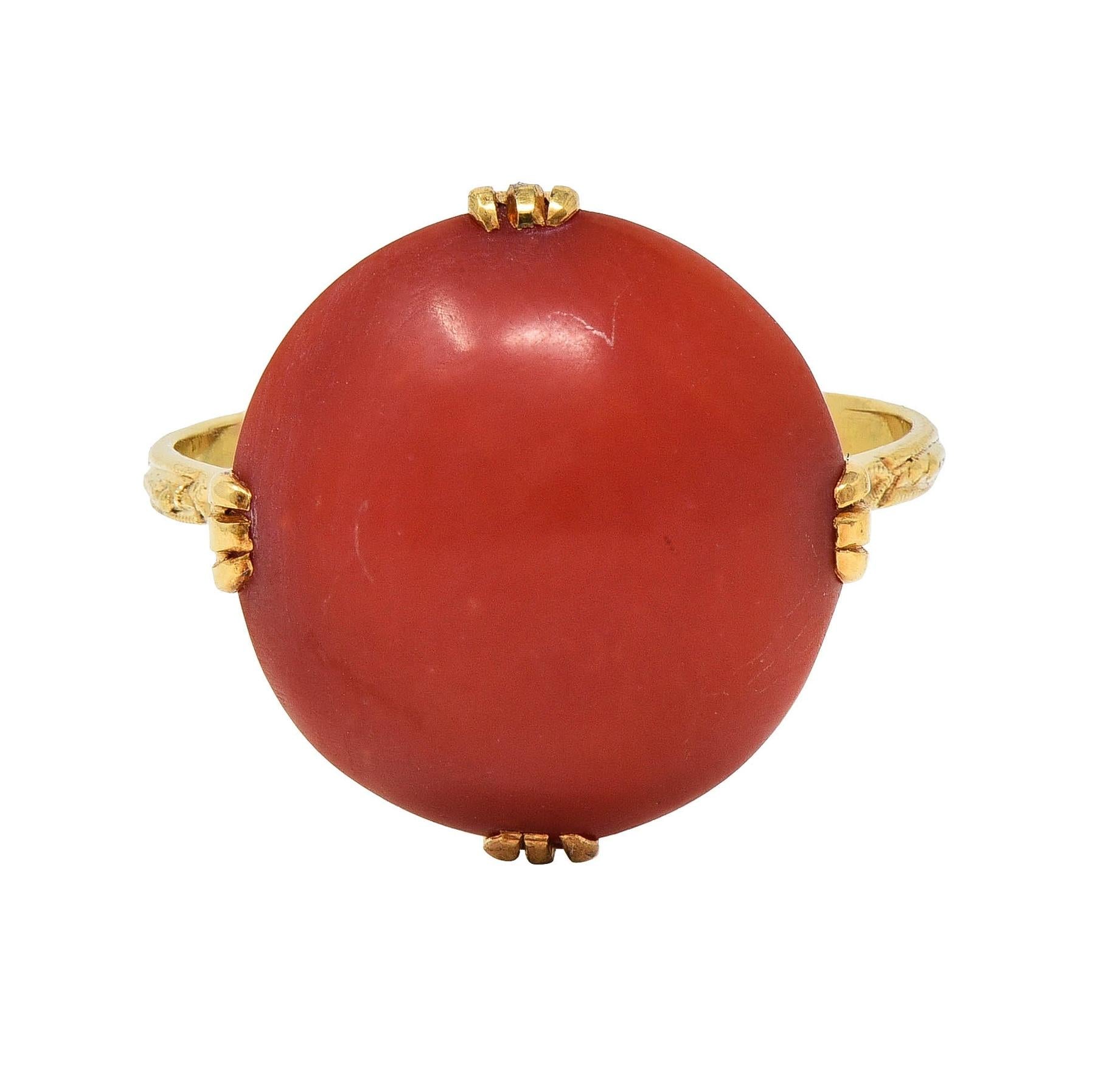 Victorian Coral Cabochon 18 Karat Yellow Gold Antique Scrolling Gemstone Ring