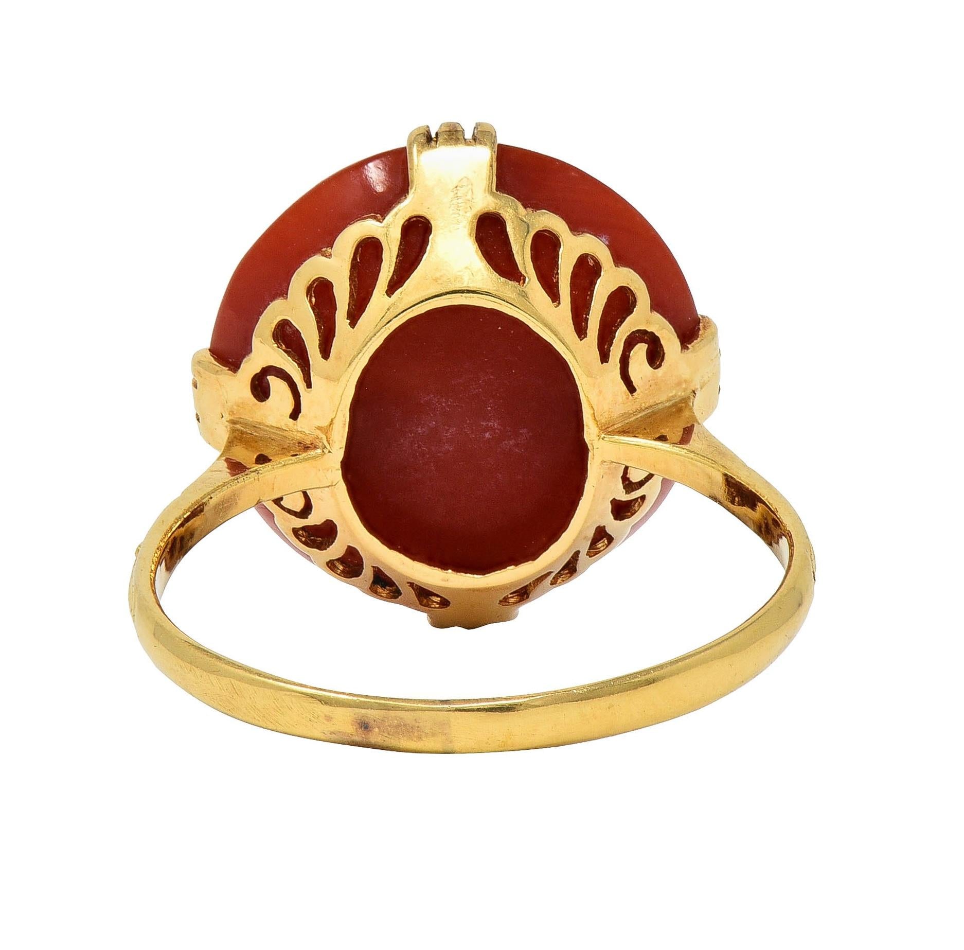 Victorian Coral Cabochon 18 Karat Yellow Gold Antique Scrolling Gemstone Ring