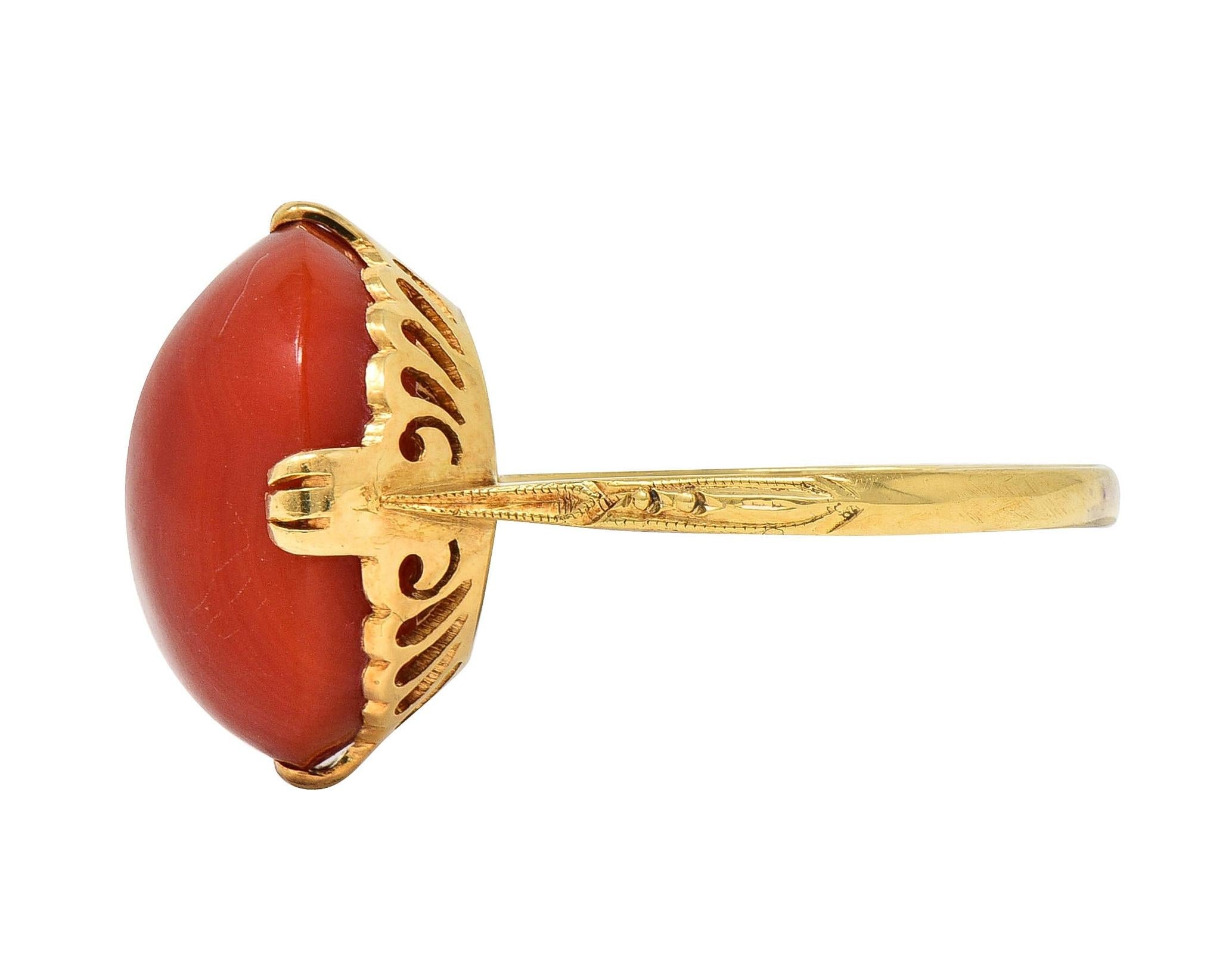 Victorian Coral Cabochon 18 Karat Yellow Gold Antique Scrolling Gemstone Ring