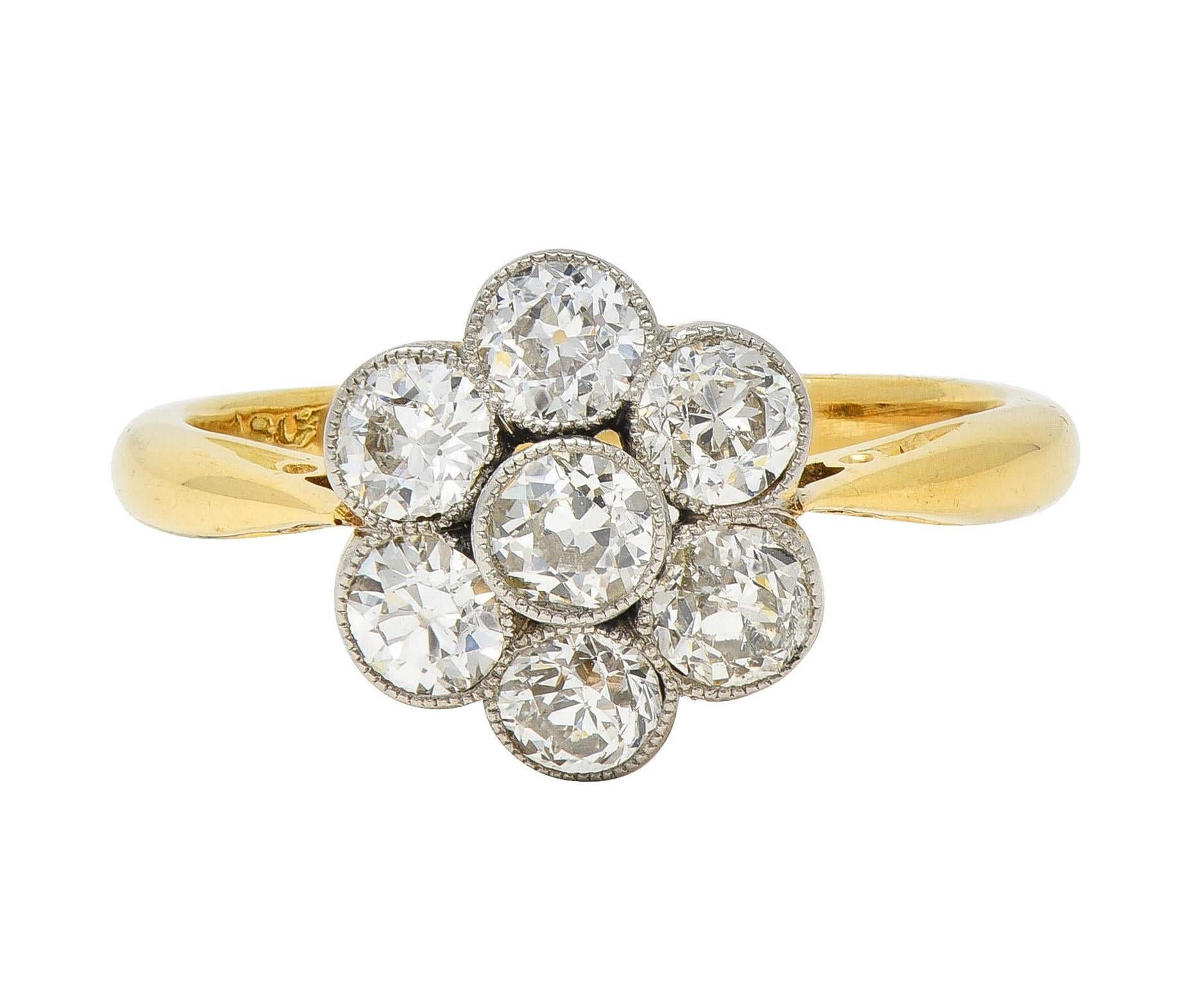 Edwardian European Diamond Platinum 18K Yellow Gold Antique Floral Cluster Ring