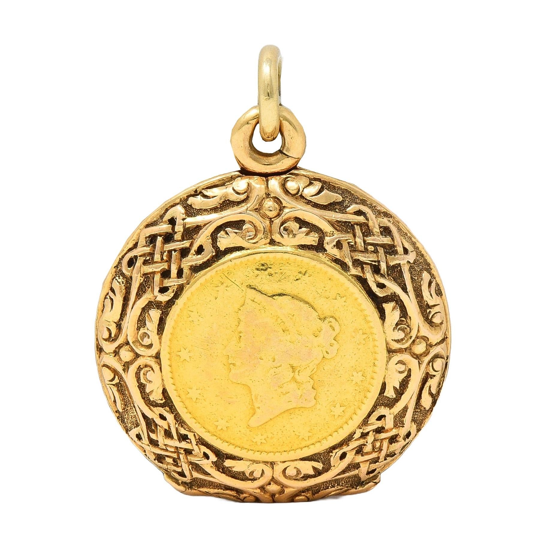 Victorian 14K Gold 1853 US Liberty Dollar Coin Antique Celtic Locket Pendant