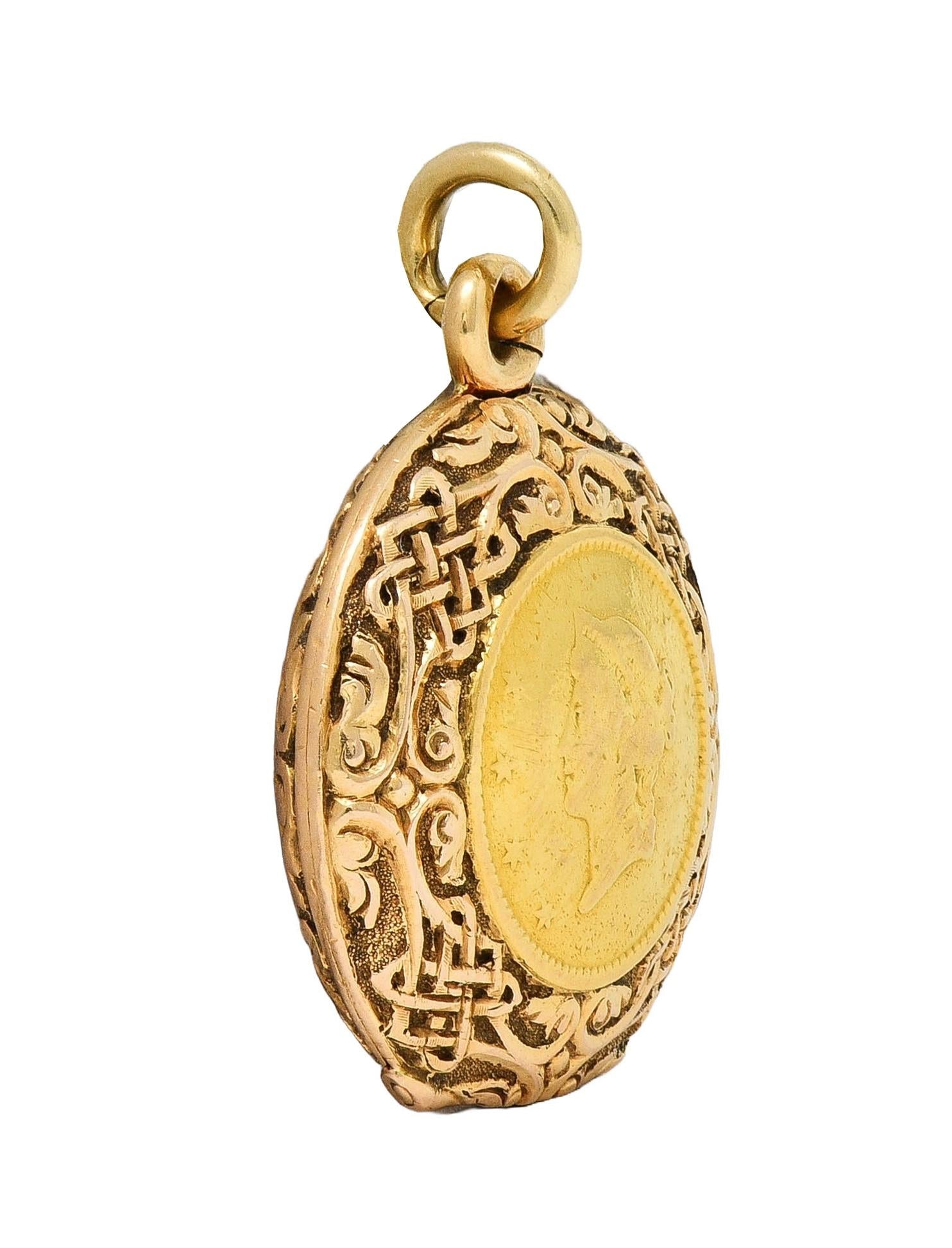 Victorian 14K Gold 1853 US Liberty Dollar Coin Antique Celtic Locket Pendant