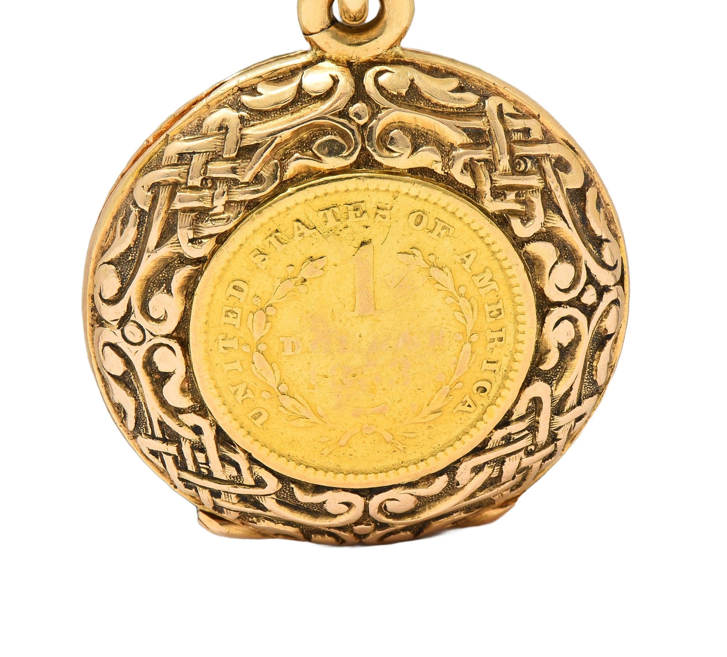 Victorian 14K Gold 1853 US Liberty Dollar Coin Antique Celtic Locket Pendant