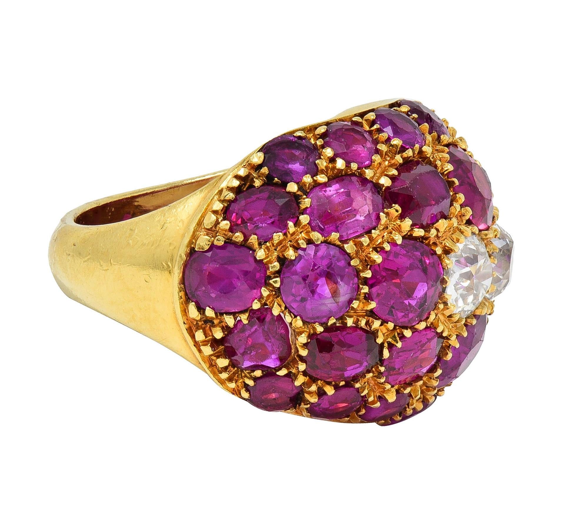 1950's 9.88 CTW Diamond Ruby 18 Karat Yellow Gold Vintage Bombé Pavé Dome Ring