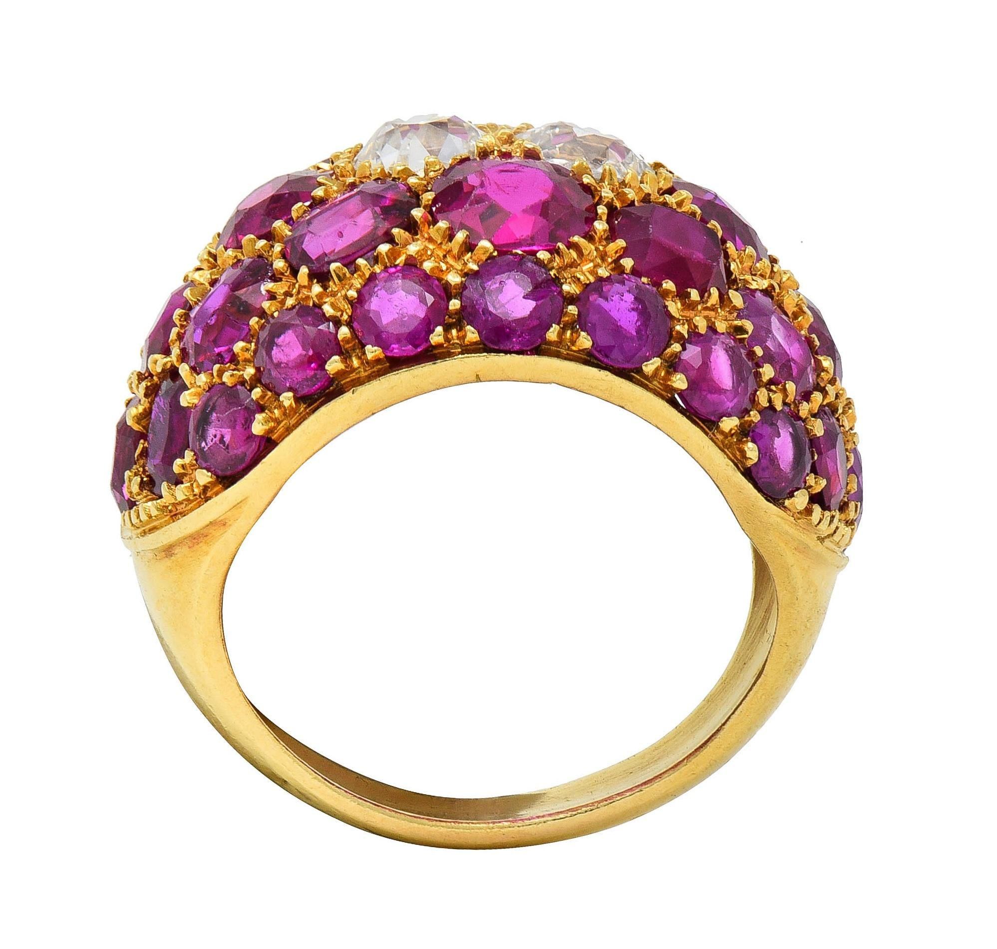 1950's 9.88 CTW Diamond Ruby 18 Karat Yellow Gold Vintage Bombé Pavé Dome Ring