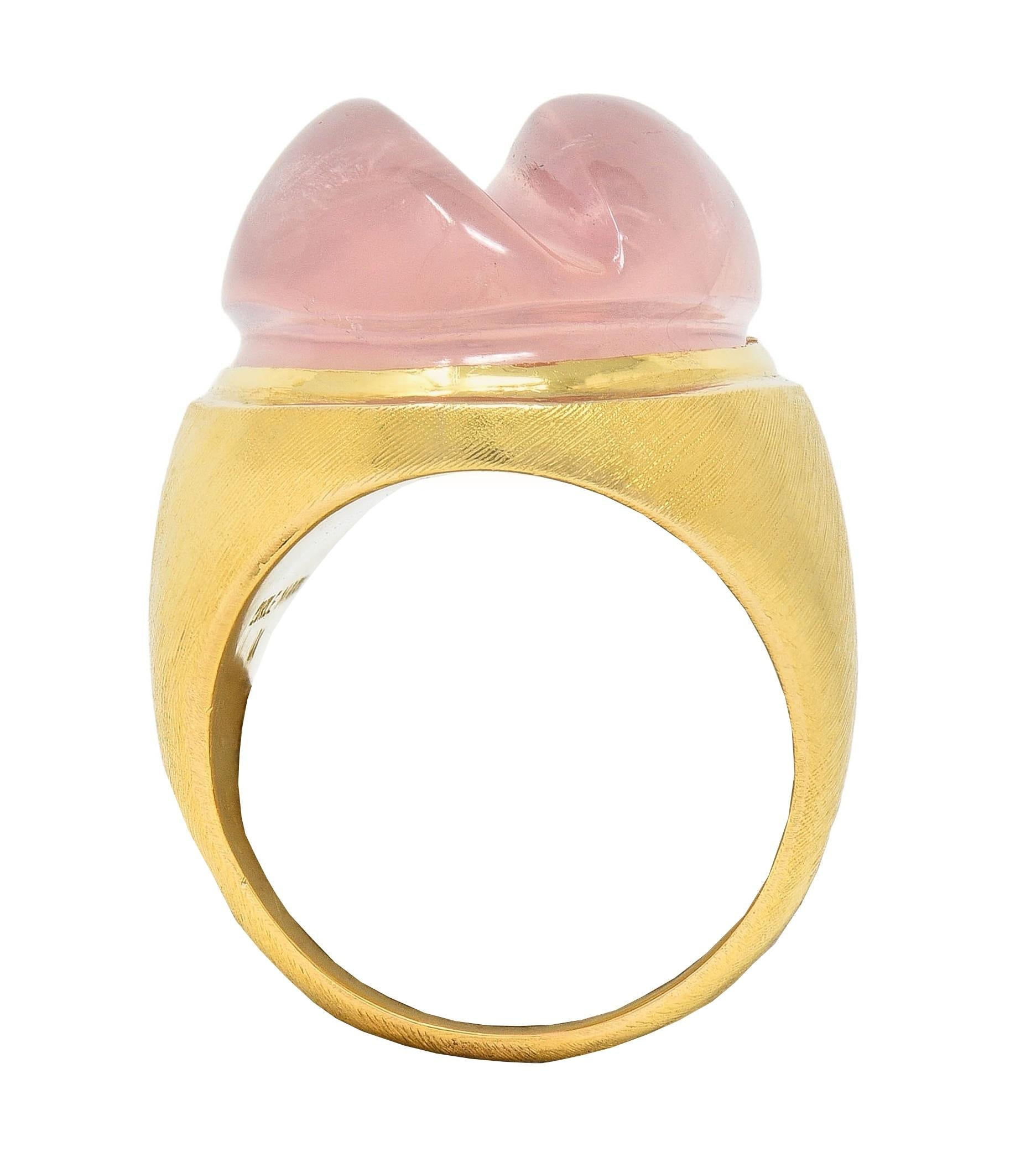 Burle Marx 1960's Carved Rose Quartz 18 Karat Gold Vintage Signet Ring