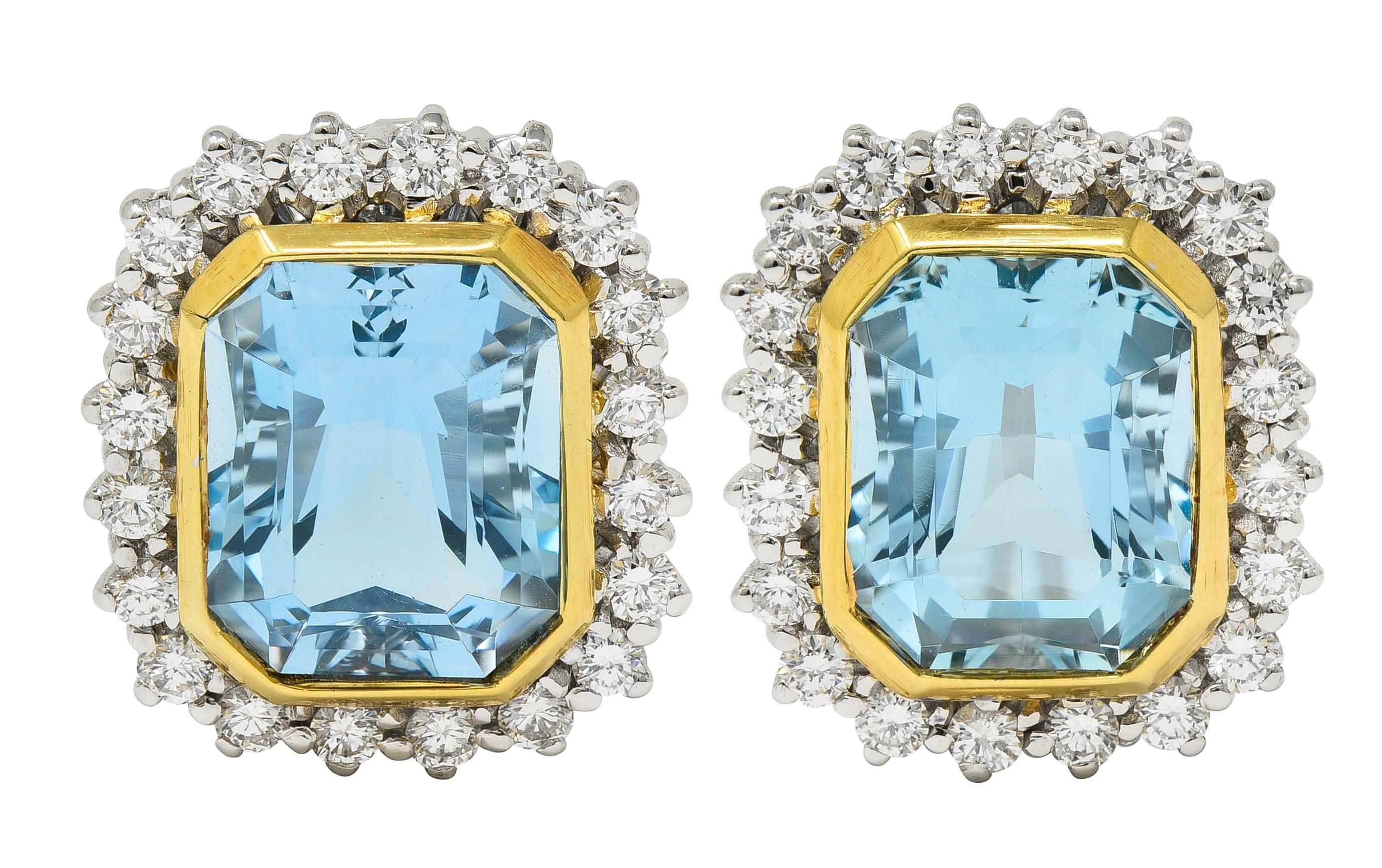 Contemporary Aquamarine Diamond 10.00 CTW 18 Karat Two-Tone Gold Halo Earrings