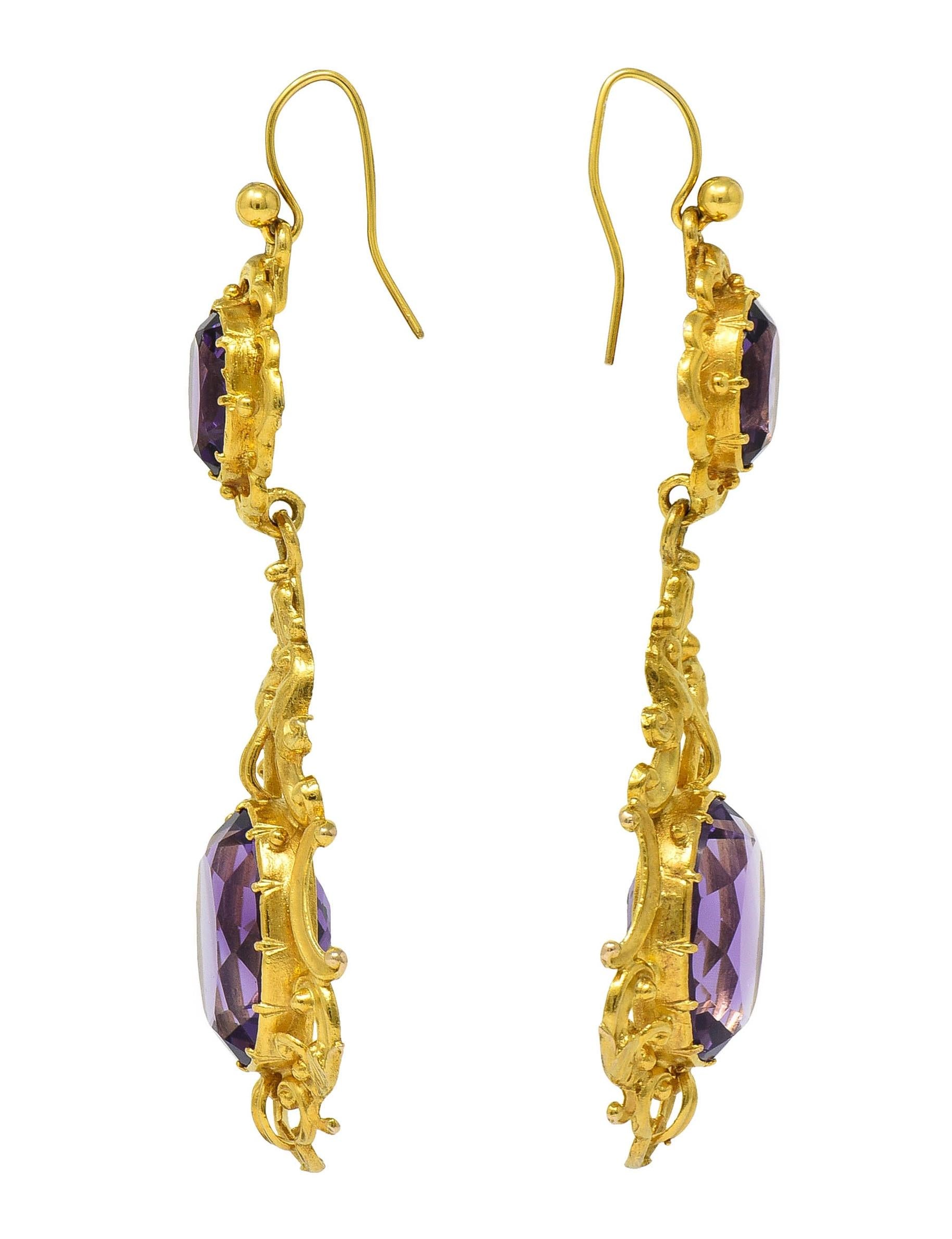 Victorian Amethyst 14 Karat Yellow Gold Antique Scrolling Drop Earrings