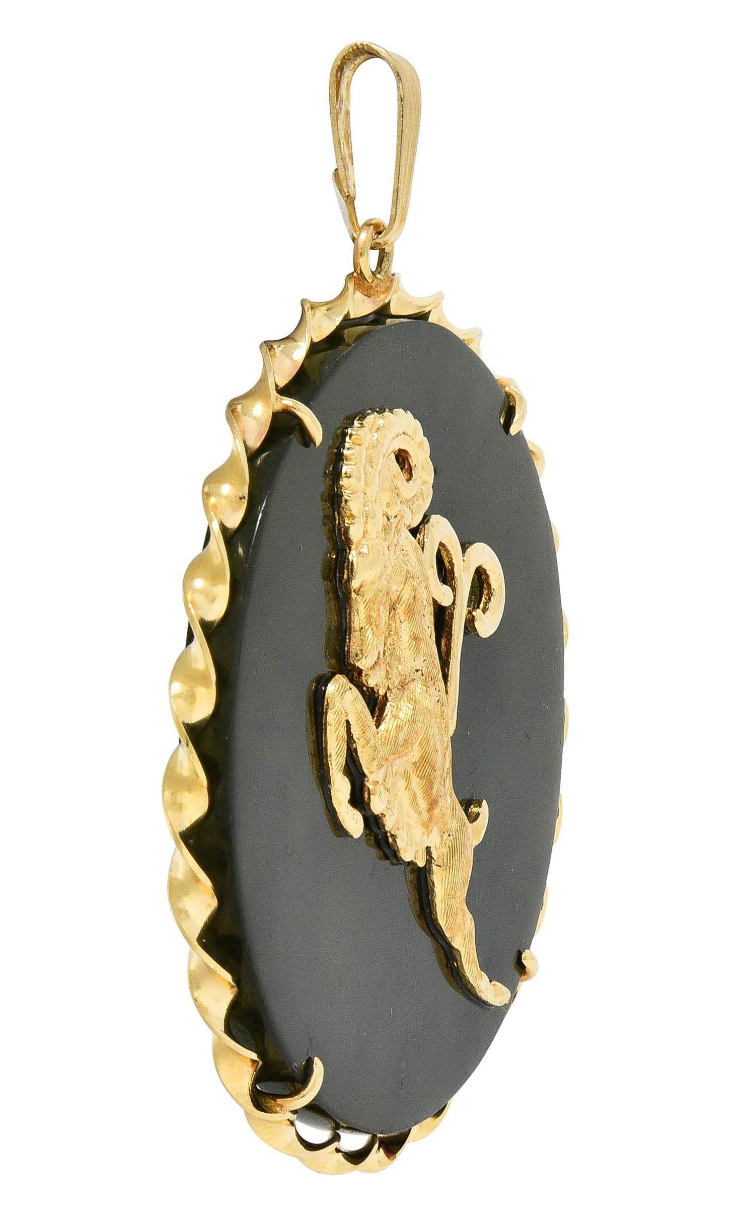 1970's Nephrite Jade 14 Karat Yellow Gold Vintage Aries Zodiac Pendant