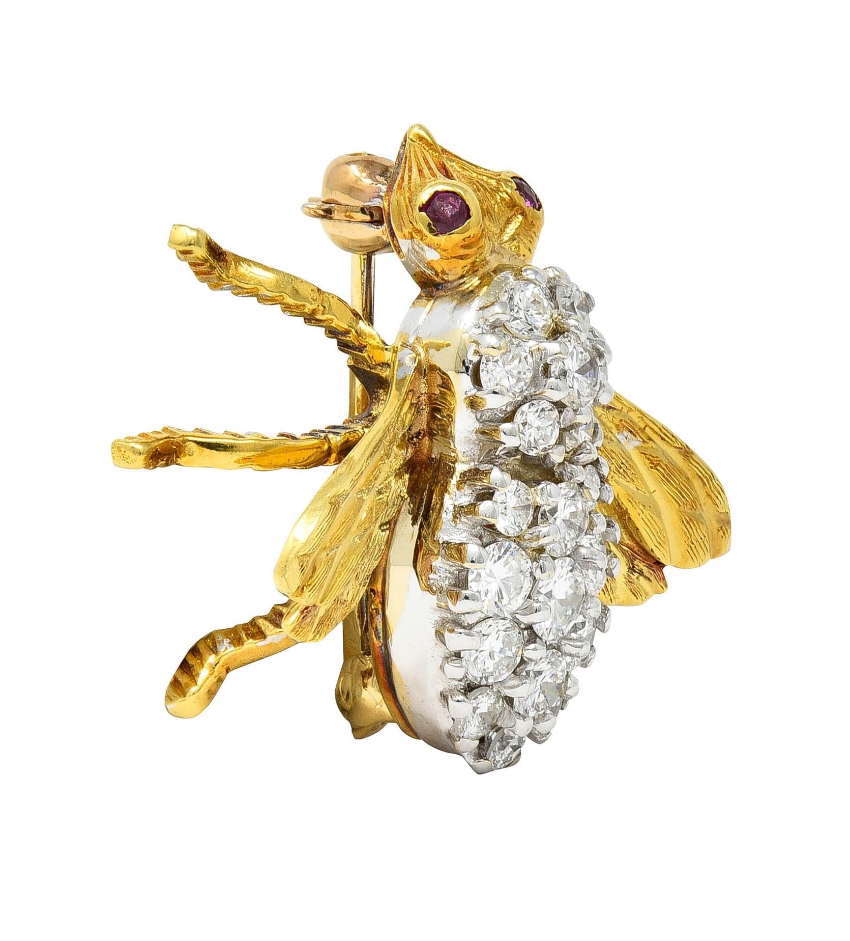 Rosenthal 1960's 1.16 CTW Diamond Ruby 18 Karat Gold Vintage Bee Bug Brooch