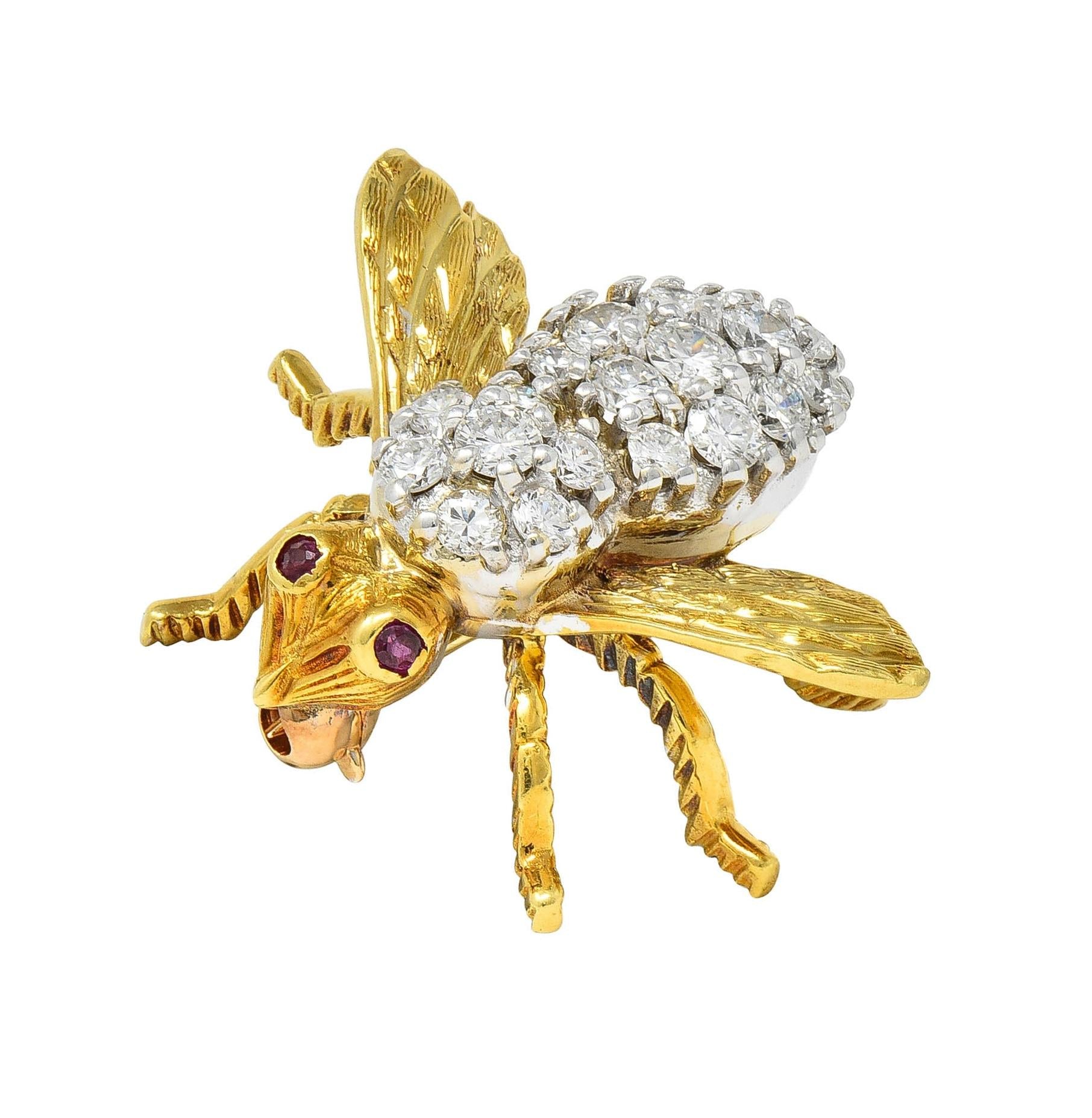 Rosenthal 1960's 1.16 CTW Diamond Ruby 18 Karat Gold Vintage Bee Bug Brooch