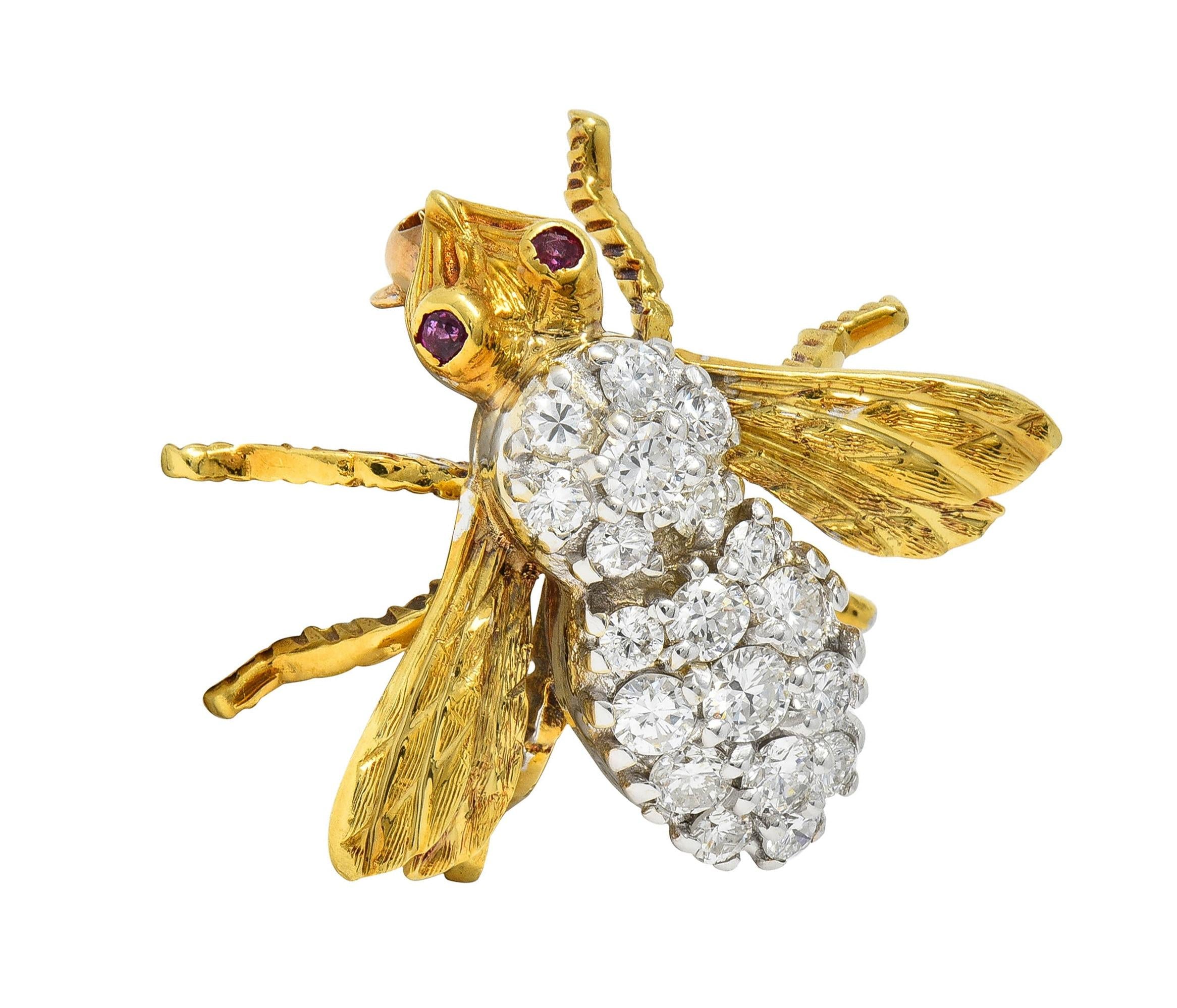 Rosenthal 1960's 1.16 CTW Diamond Ruby 18 Karat Gold Vintage Bee Bug Brooch