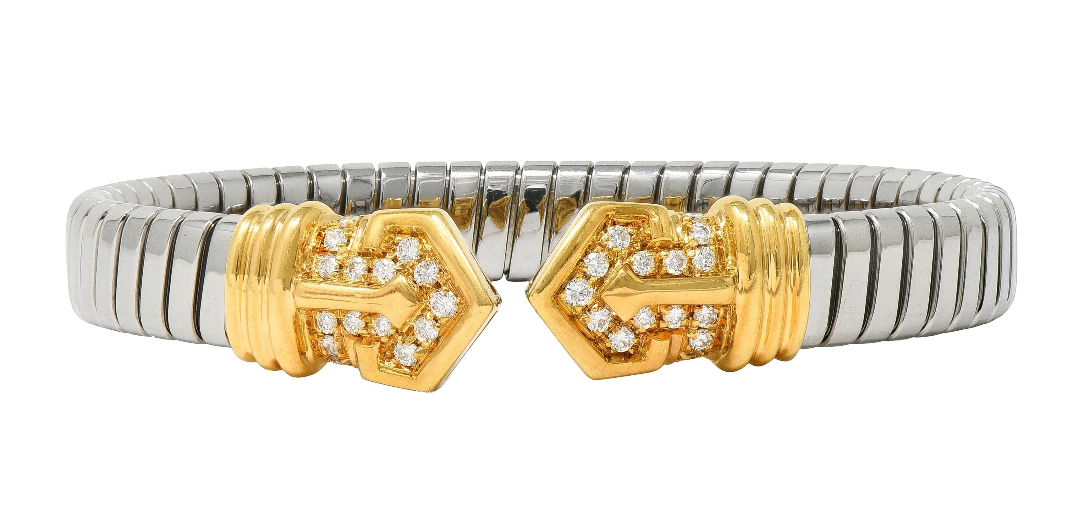 Bulgari 1980's Diamond 18K Gold Steel Vintage Alveare Tubogas Cuff Bracelet
