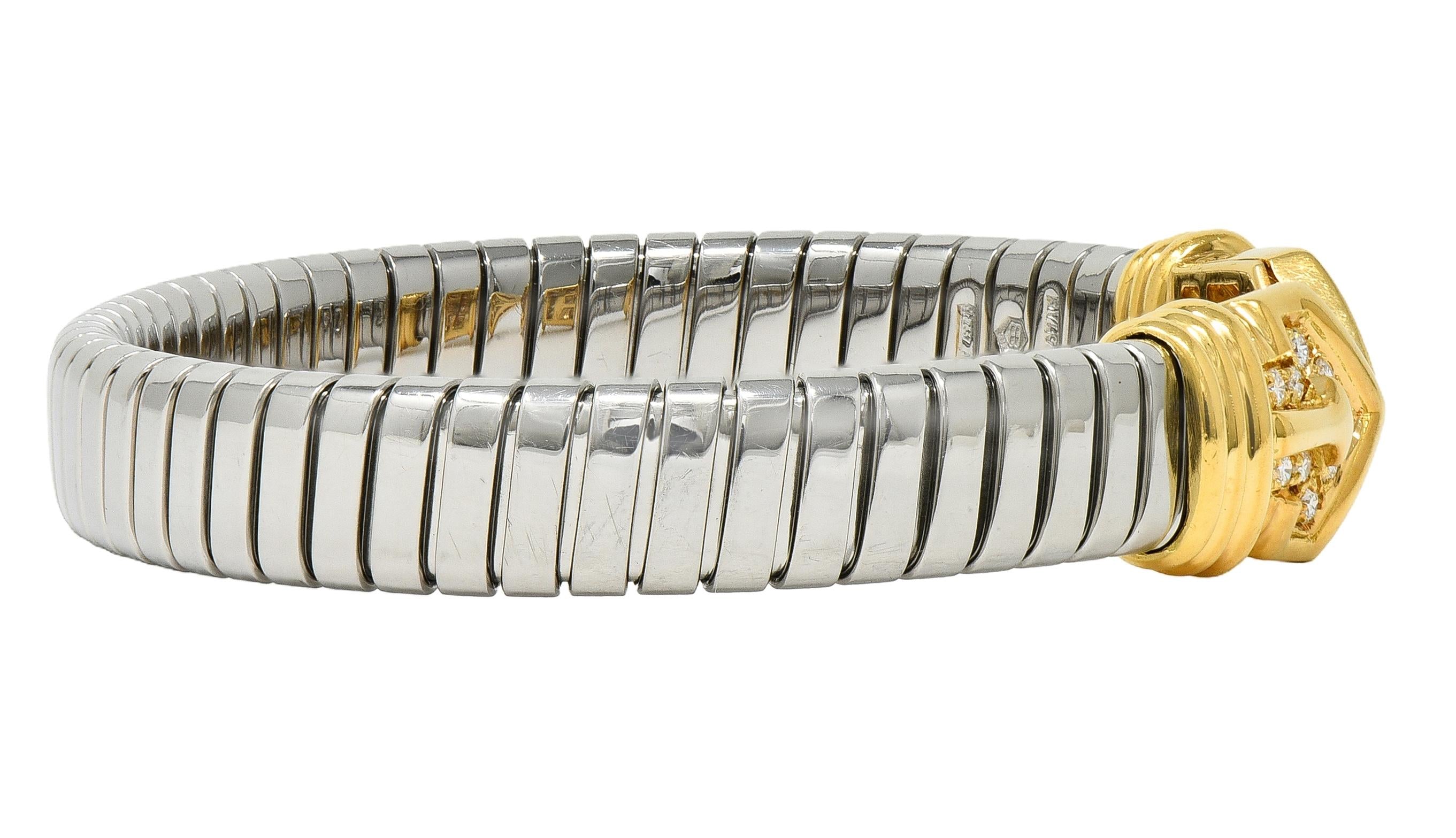 Bulgari 1980's Diamond 18K Gold Steel Vintage Alveare Tubogas Cuff Bracelet