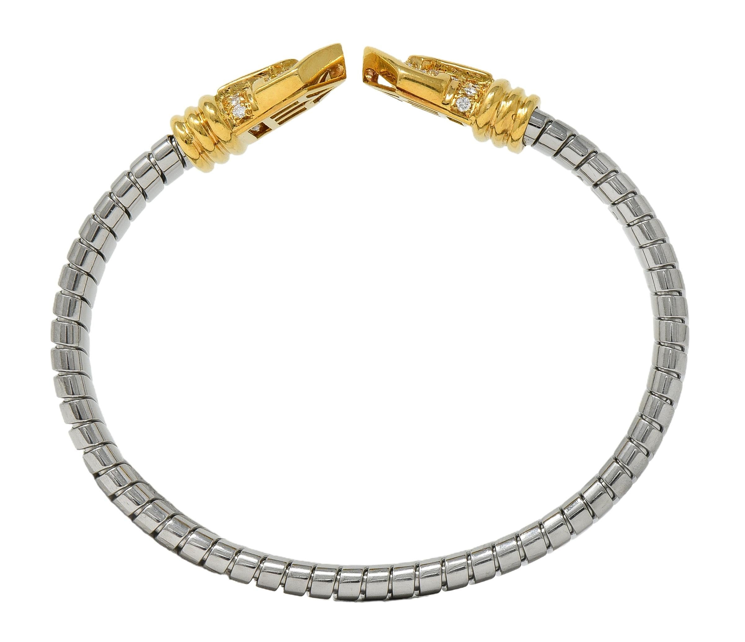 Bulgari 1980's Diamond 18K Gold Steel Vintage Alveare Tubogas Cuff Bracelet