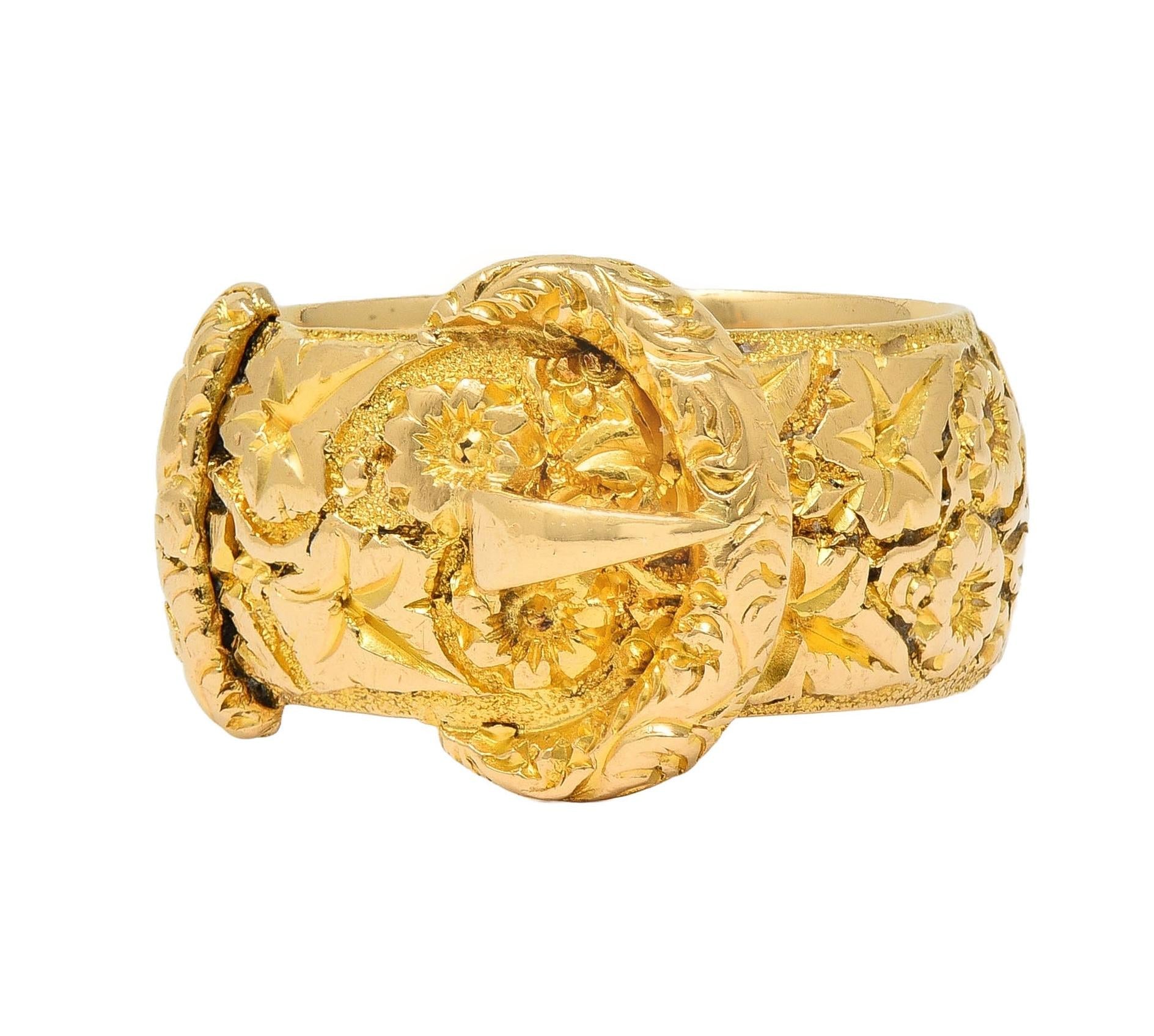 Edwardian 1908 18 Karat Yellow Gold Antique Floral Buckle Band Ring