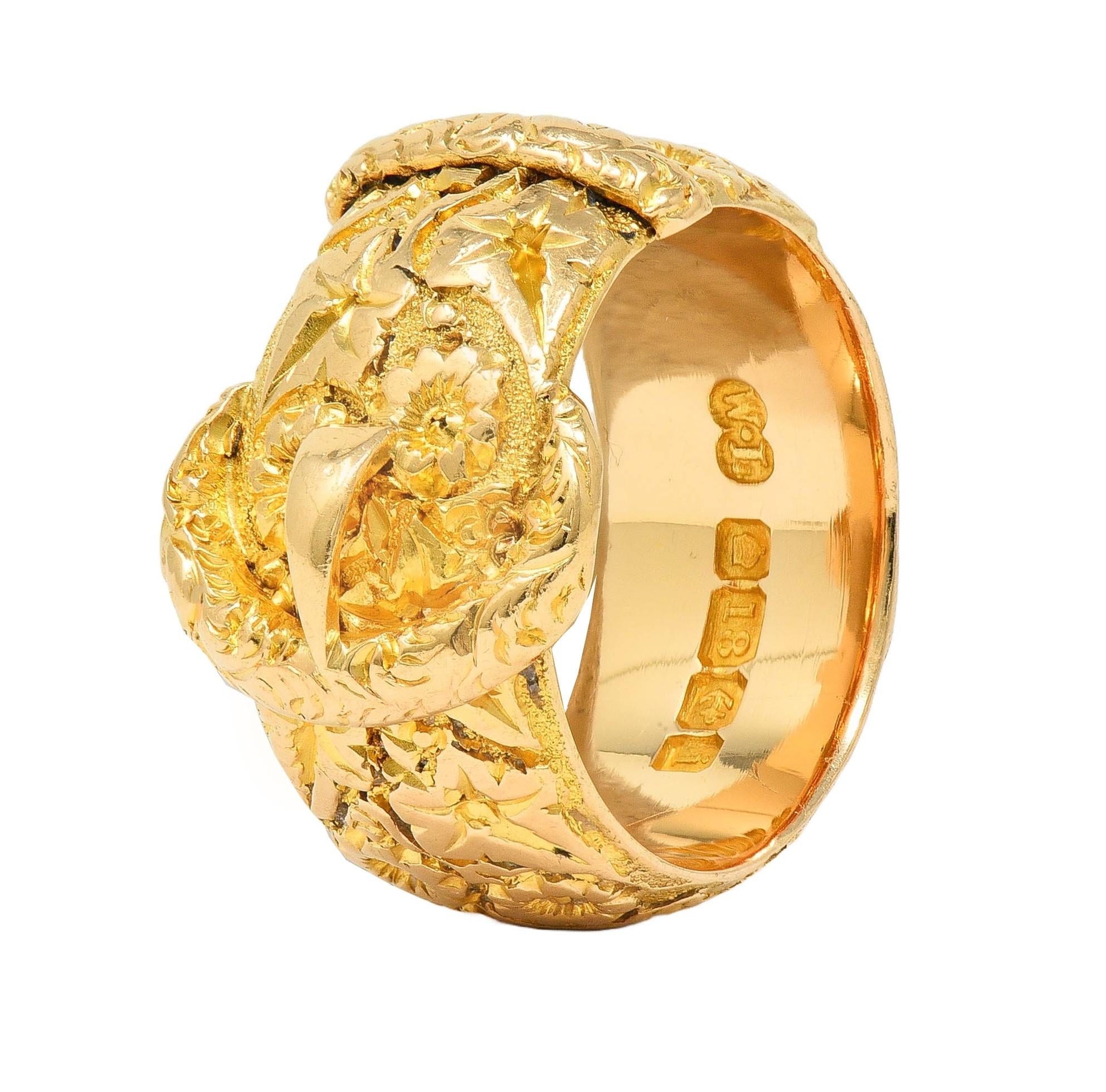 Edwardian 1908 18 Karat Yellow Gold Antique Floral Buckle Band Ring