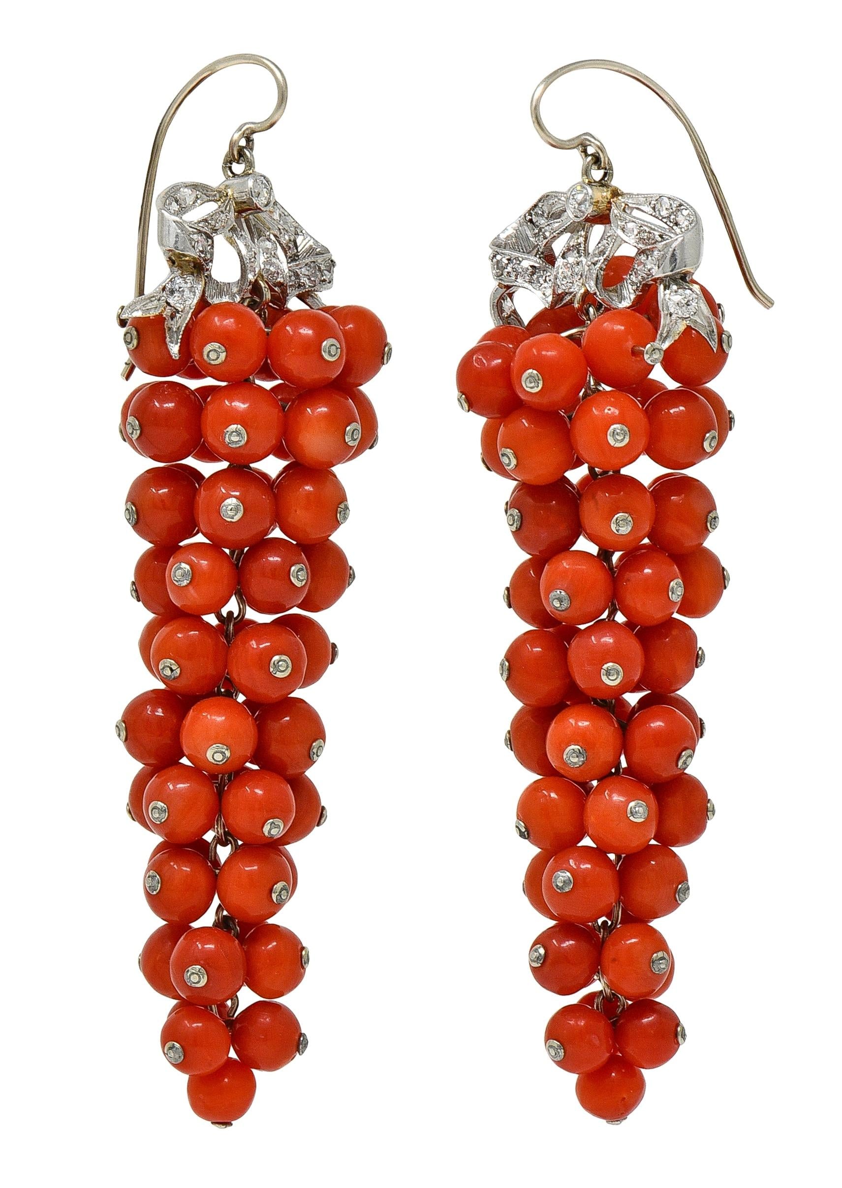 Belle Époque Diamond Coral Bead Platinum Antique Grape Drop Earrings