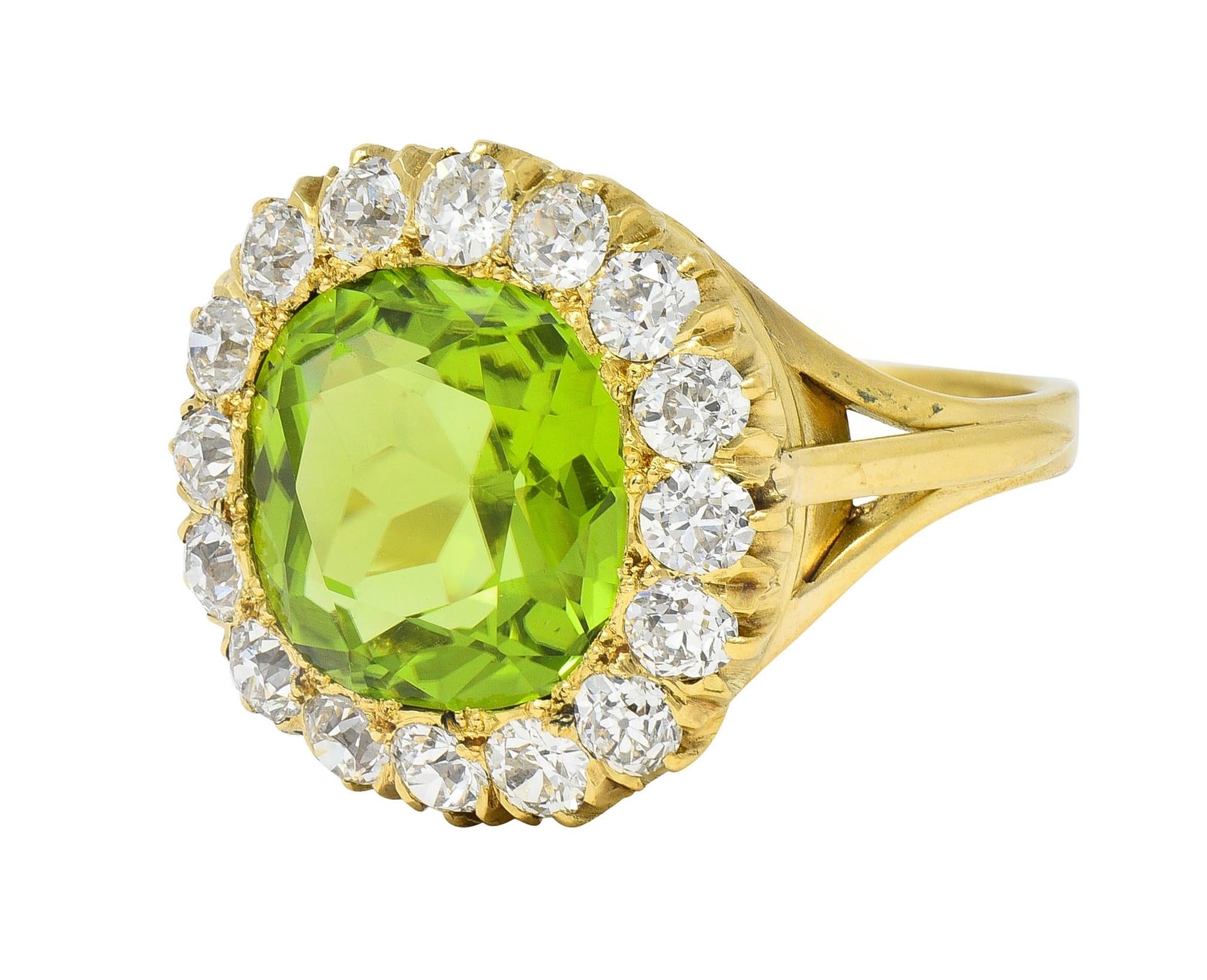 Antique 6.78 CTW Peridot Diamond 18 Karat Yellow Gold Halo Ring