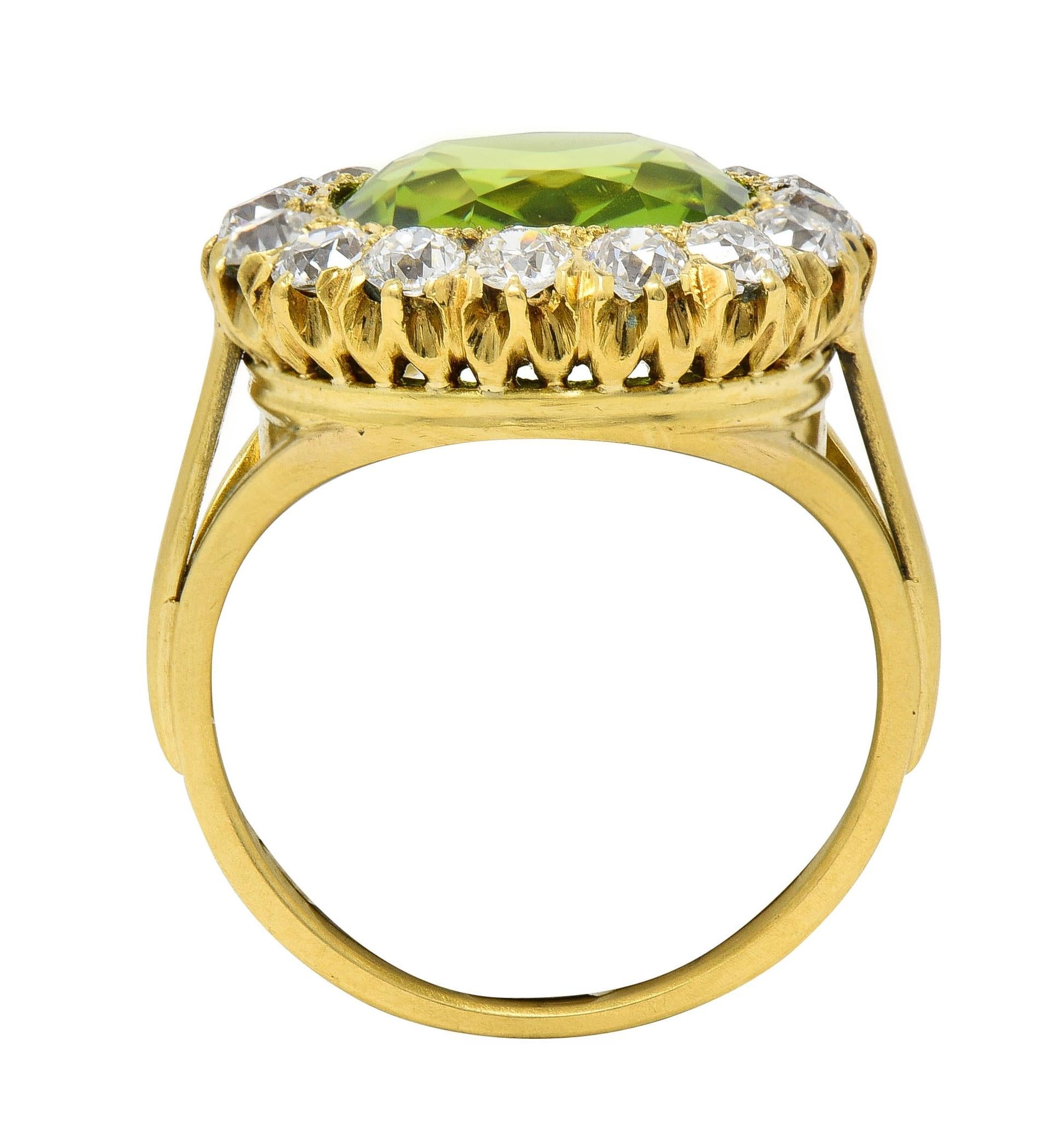 Antique 6.78 CTW Peridot Diamond 18 Karat Yellow Gold Halo Ring