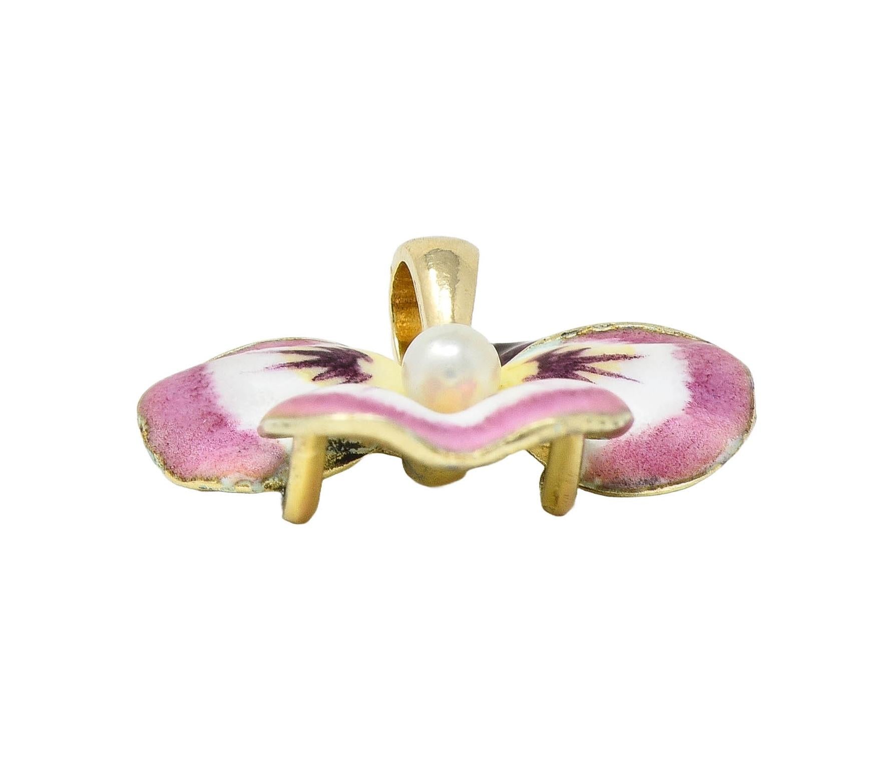 Art Nouveau Pearl Enamel 14 Karat Yellow Gold Antique Maroon Pansy Flower Charm