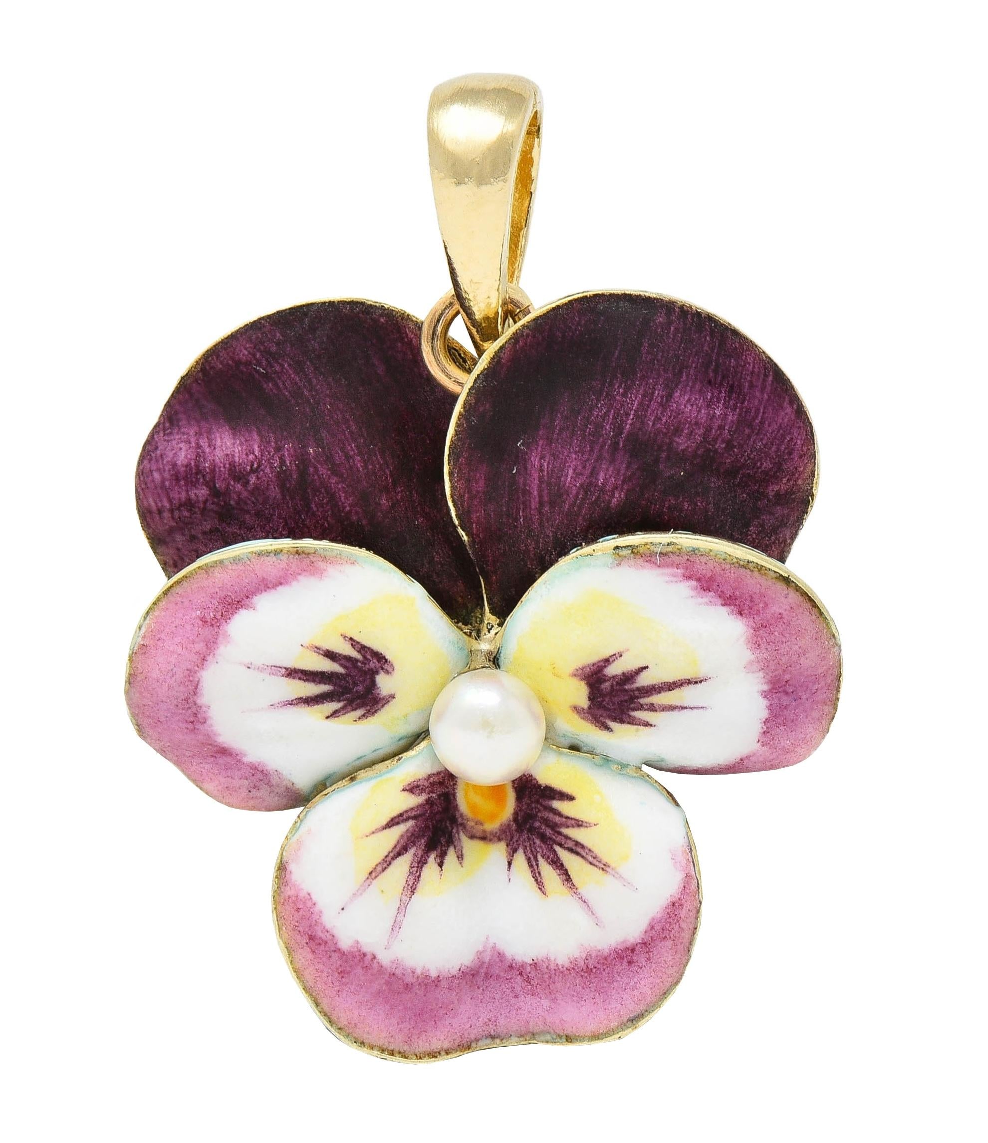 Art Nouveau Pearl Enamel 14 Karat Yellow Gold Antique Maroon Pansy Flower Charm