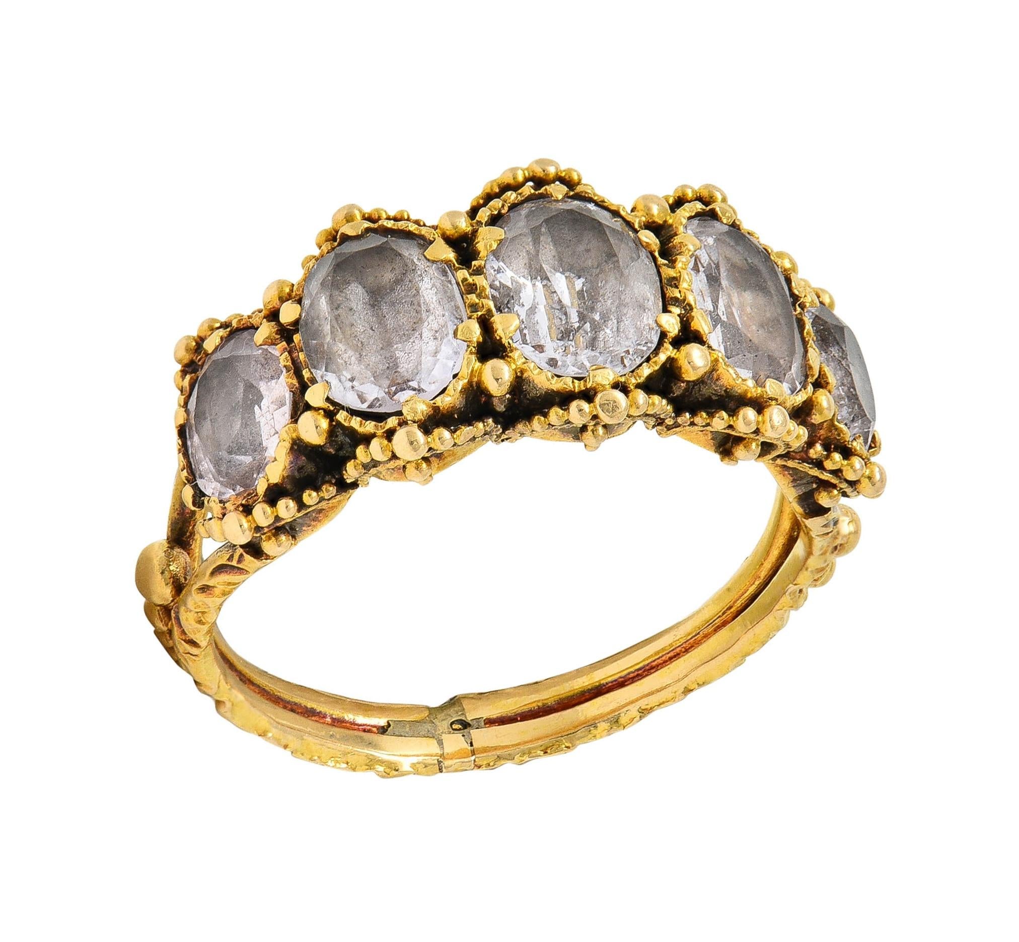 Victorian 1.90 CTW White Topaz 18Karat Yellow Gold Antique Five Stone Band Ring