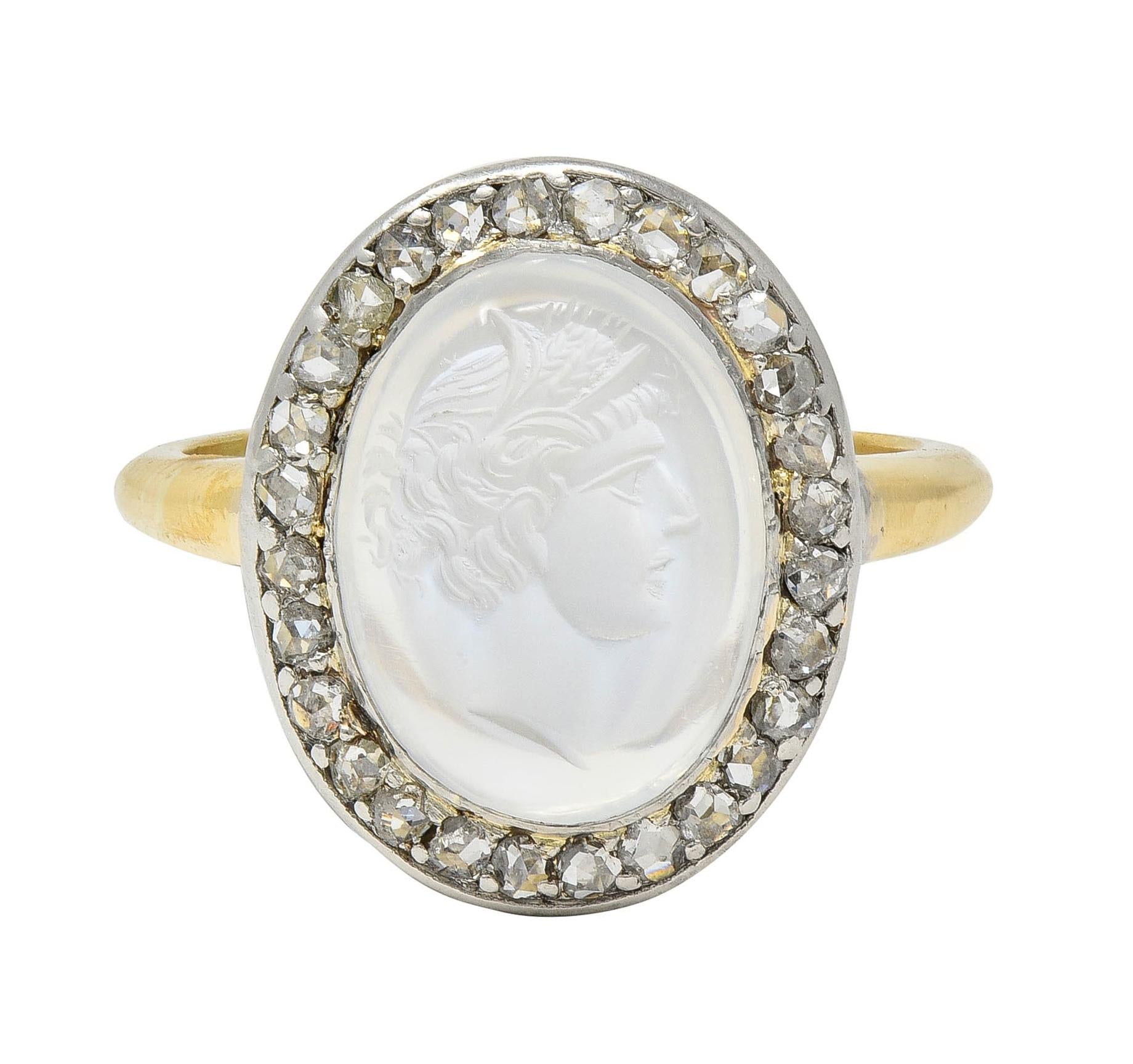 Edwardian Moonstone Diamond Platinum 18K Yellow Gold Antique Intaglio Halo Ring