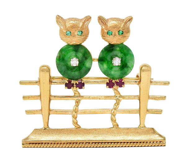 Jade Diamond Ruby Emerald 14K Yellow White Gold Vintage Cats on Fence Brooch