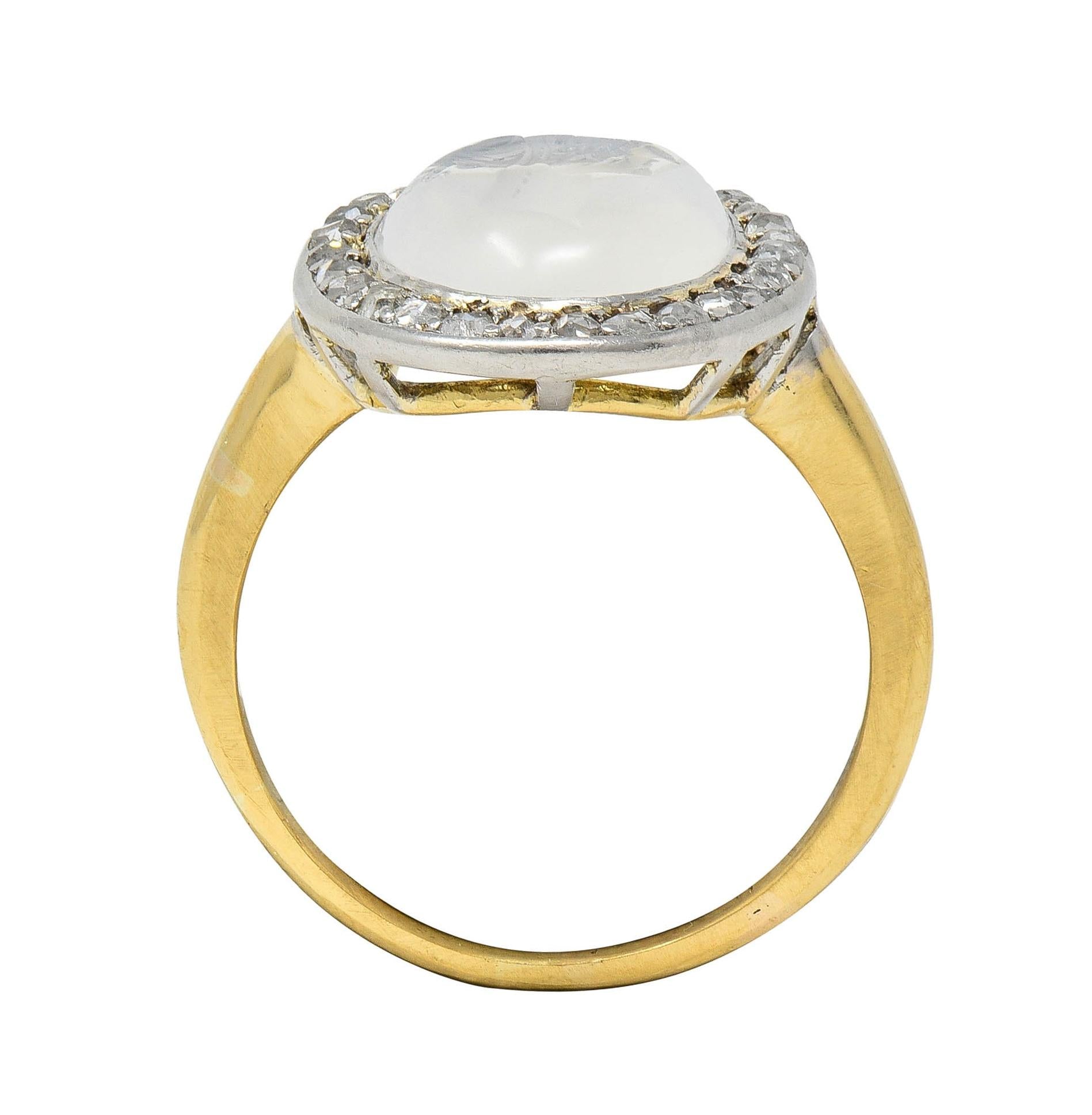 Edwardian Moonstone Diamond Platinum 18K Yellow Gold Antique Intaglio Halo Ring