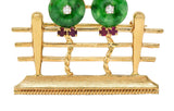 Jade Diamond Ruby Emerald 14K Yellow White Gold Vintage Cats on Fence Brooch