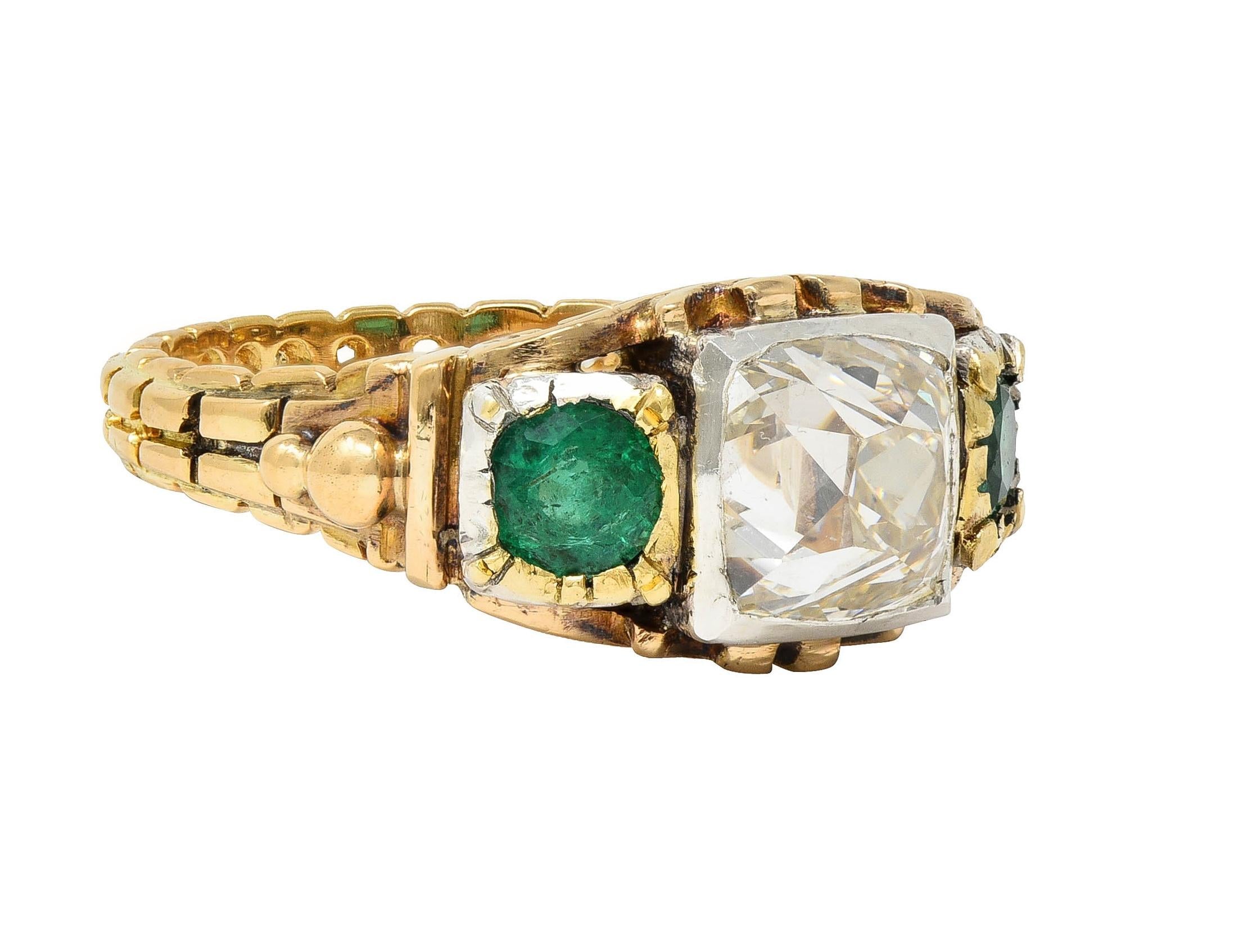 Early Victorian 3.92 CTW Peruzzi Cut Diamond Emerald 18 Karat Gold Antique Ring