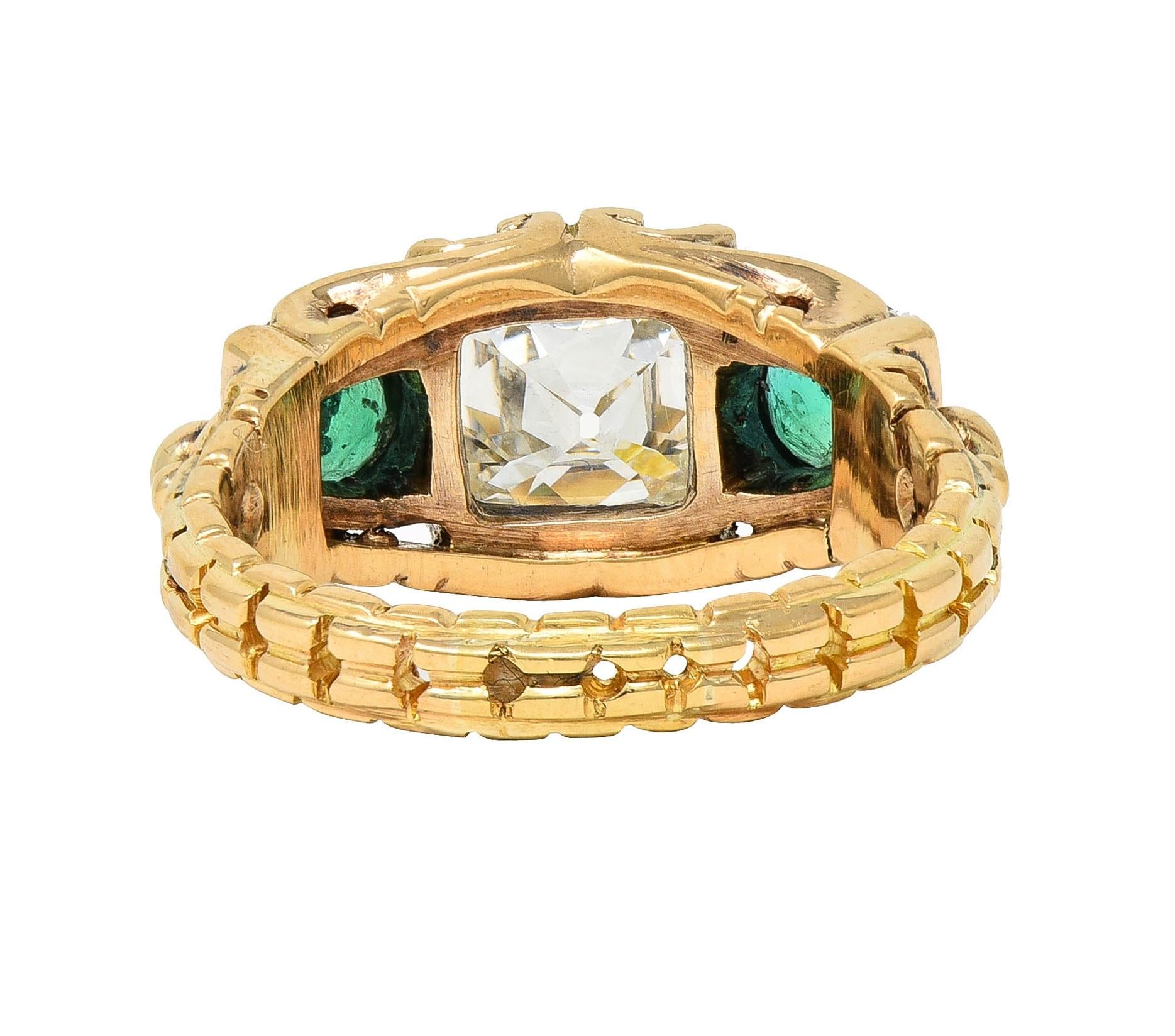 Early Victorian 3.92 CTW Peruzzi Cut Diamond Emerald 18 Karat Gold Antique Ring