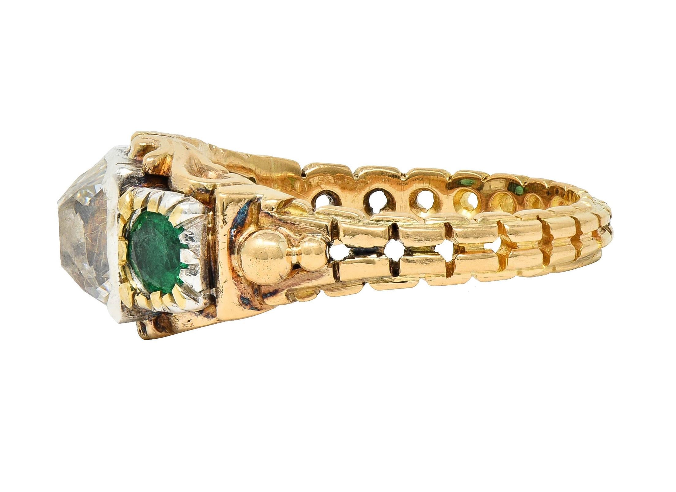 Early Victorian 3.92 CTW Peruzzi Cut Diamond Emerald 18 Karat Gold Antique Ring