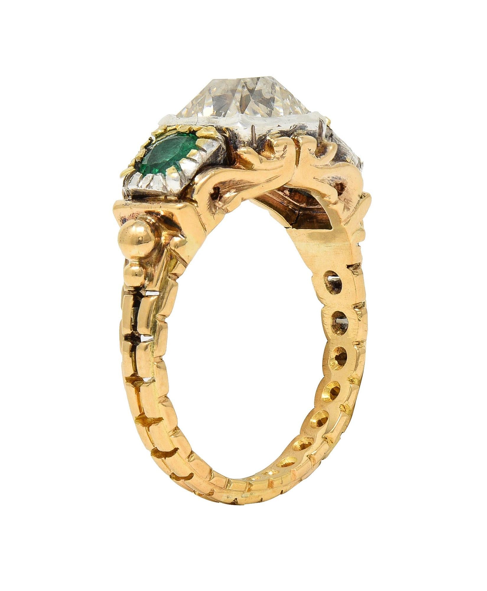 Early Victorian 3.92 CTW Peruzzi Cut Diamond Emerald 18 Karat Gold Antique Ring