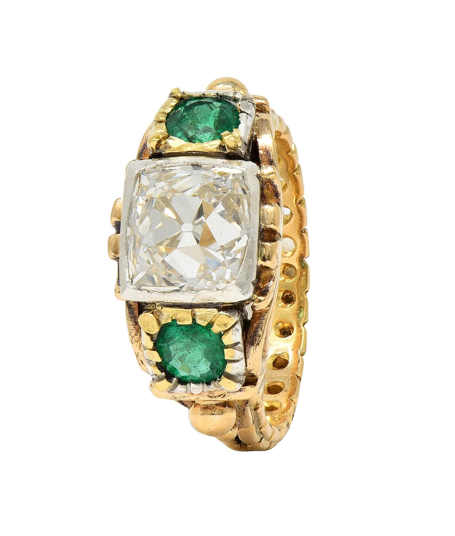 Early Victorian 3.92 CTW Peruzzi Cut Diamond Emerald 18 Karat Gold Antique Ring