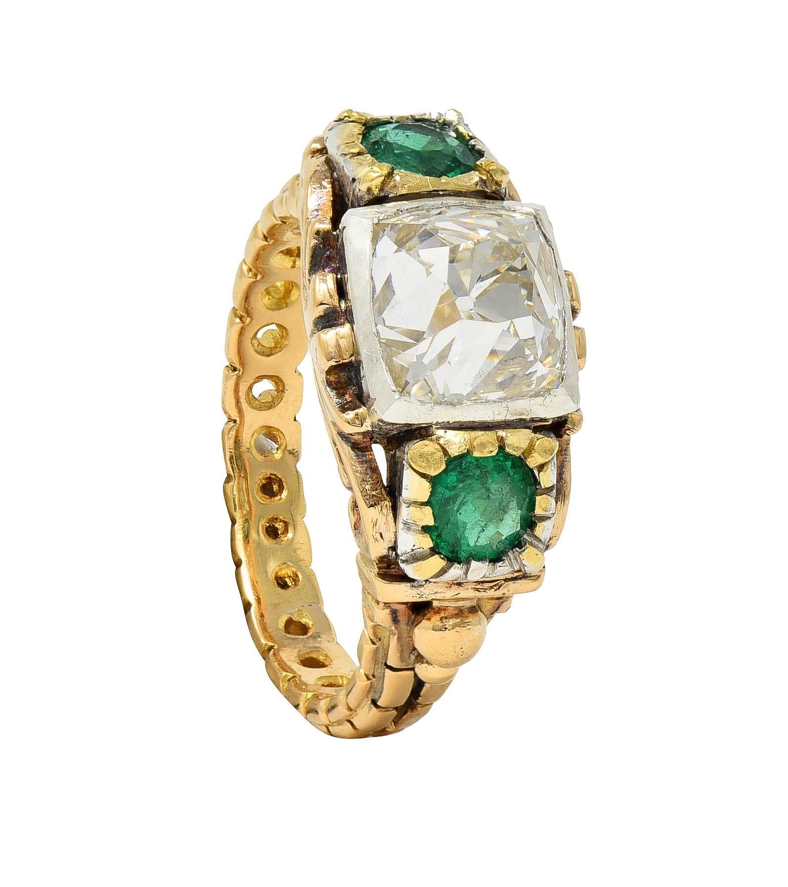 Early Victorian 3.92 CTW Peruzzi Cut Diamond Emerald 18 Karat Gold Antique Ring