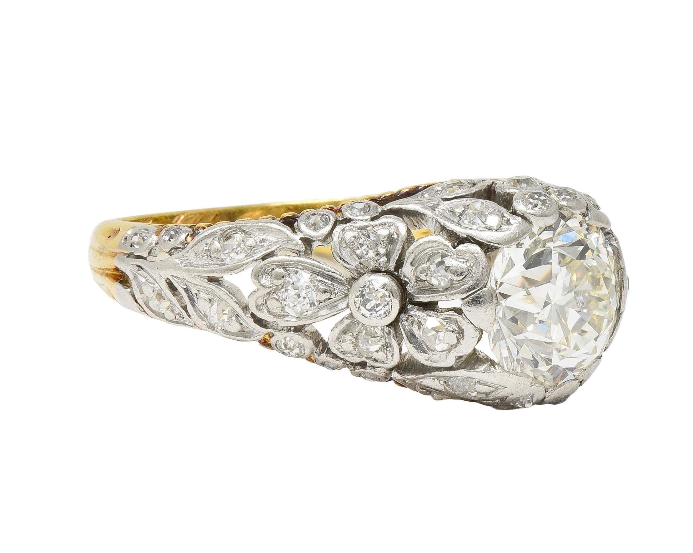 Edwardian 1908 1.74 CTW Diamond Platinum 18K Gold Antique Floral Engagement Ring