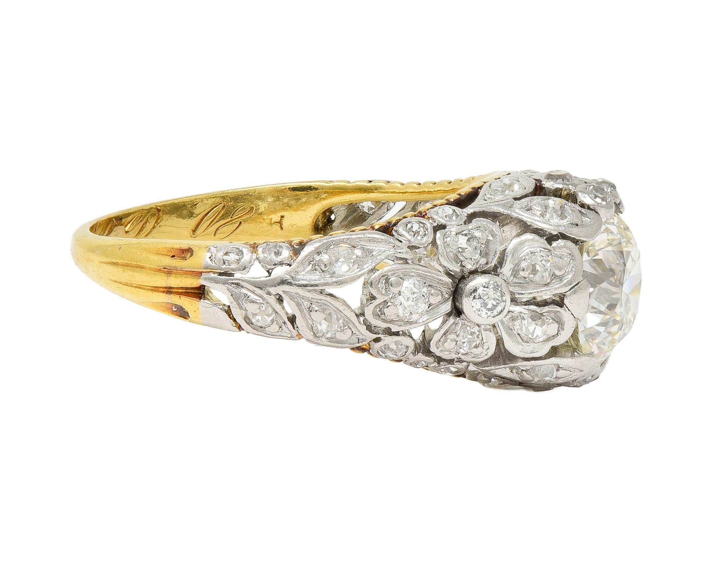 Edwardian 1908 1.74 CTW Diamond Platinum 18K Gold Antique Floral Engagement Ring