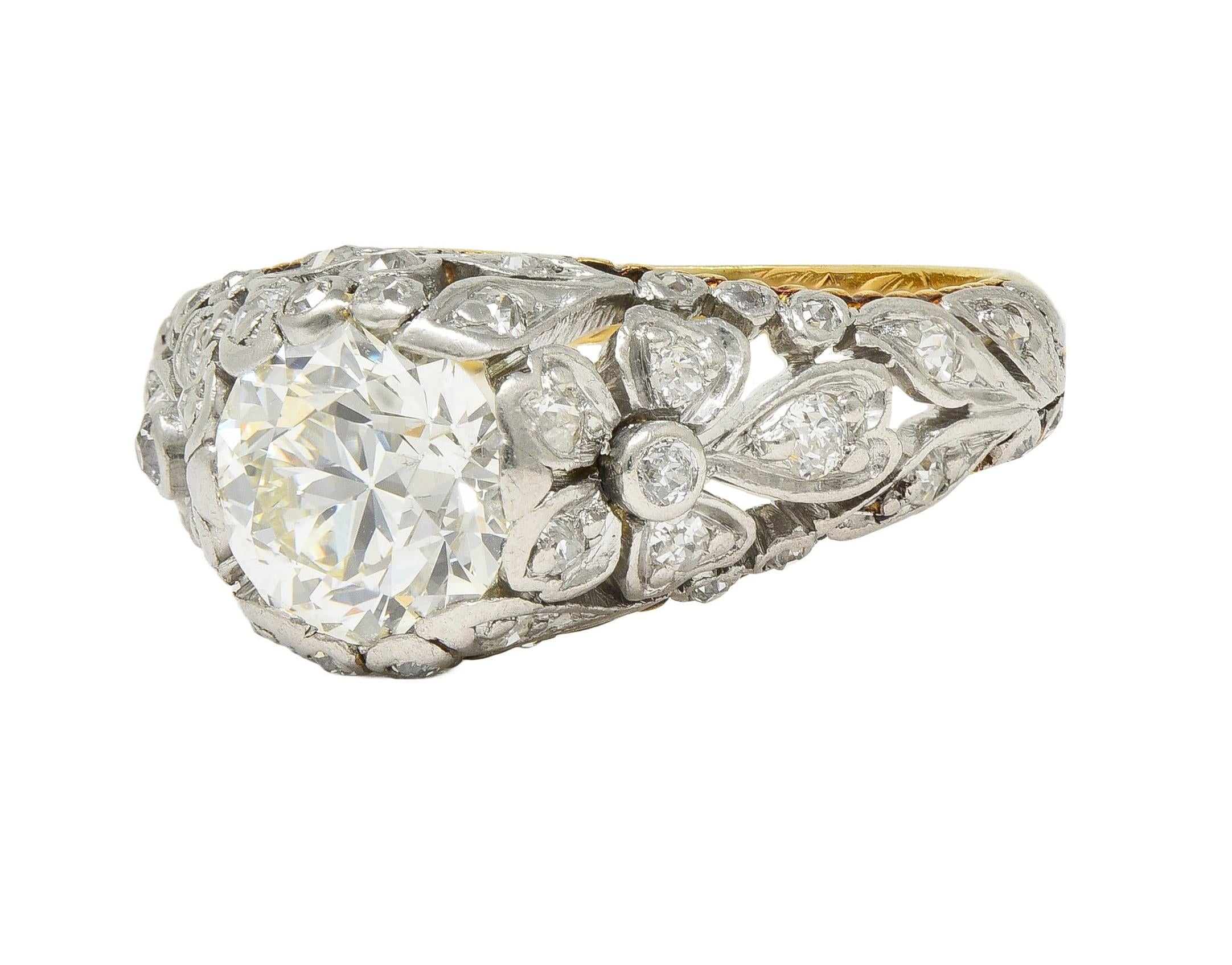 Edwardian 1908 1.74 CTW Diamond Platinum 18K Gold Antique Floral Engagement Ring