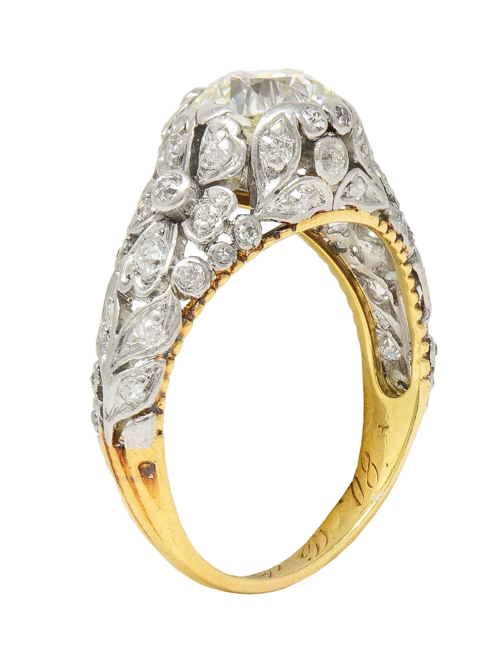 Edwardian 1908 1.74 CTW Diamond Platinum 18K Gold Antique Floral Engagement Ring