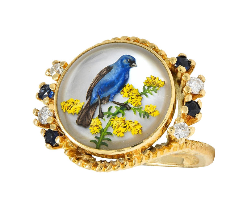 1960s Sapphire Diamond Essex Crystal 14 Karat Gold Vintage Blue Bird Bypass Ring